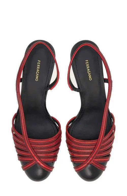 Salvatore Ferragamo o1s1rm0126 Edyna Slingback Kitten Heel Pumps in Red/Black Size US 7 / IT 37 - 2 Thumbnail