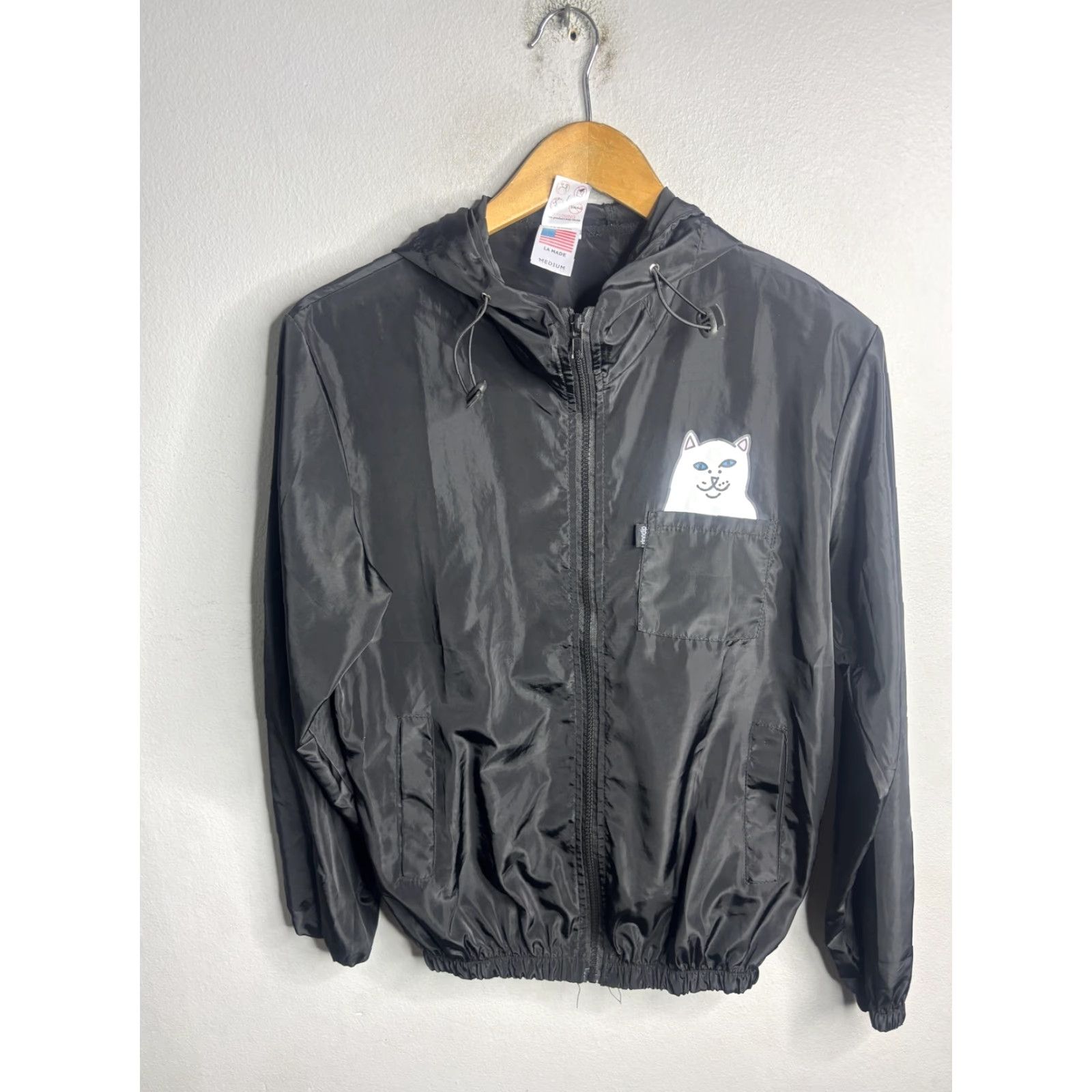 RIPNDIP RIPNDIP Jacket Mens Medium Black Hooded Windbreaker Cat Graphic Zip Size US M / EU 48-50 / 2 - 3 Thumbnail