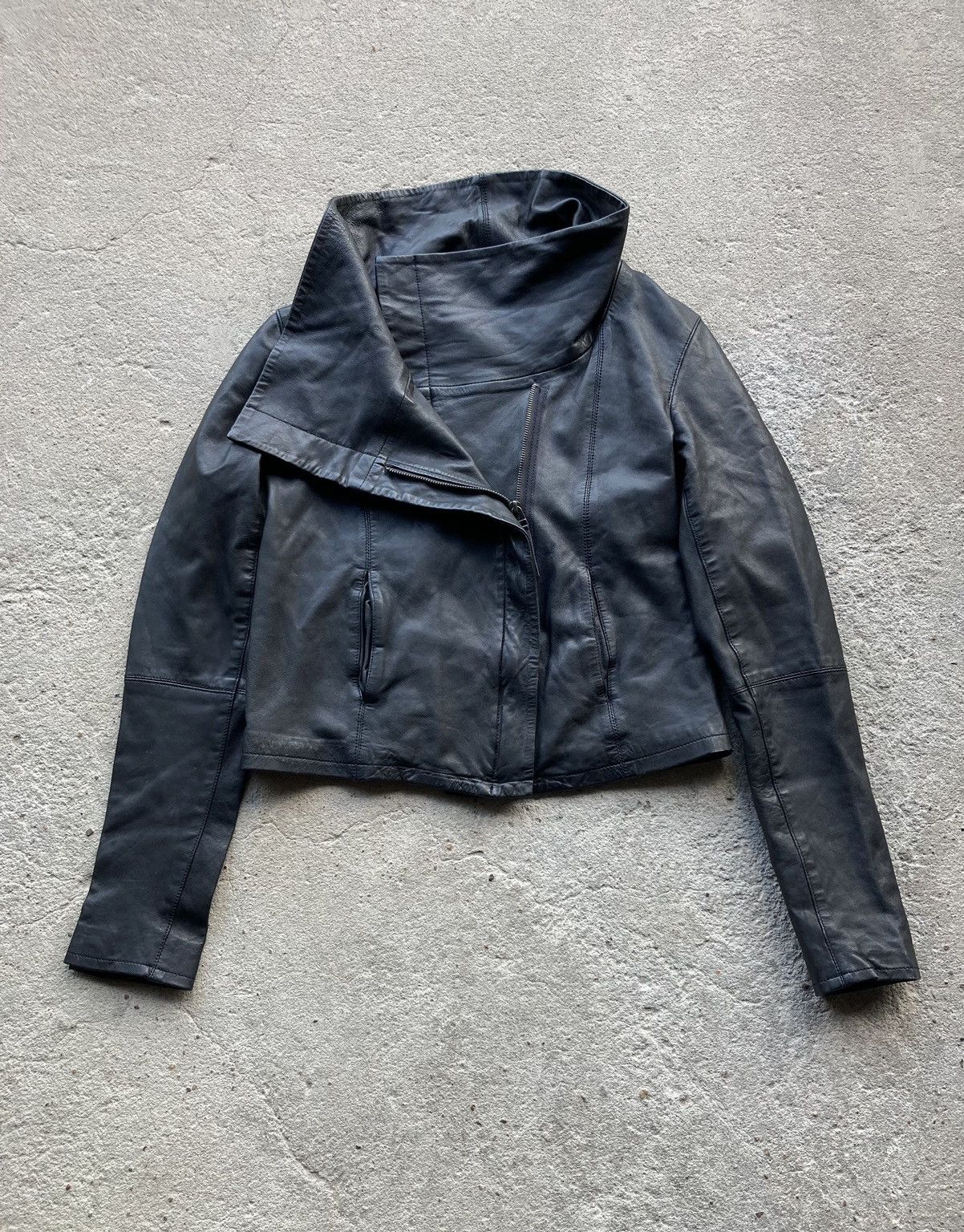 image of Archival Clothing x Avant Garde Archive Real Leather Cropped Asymmetrical Zip Jacket in Black, Wome