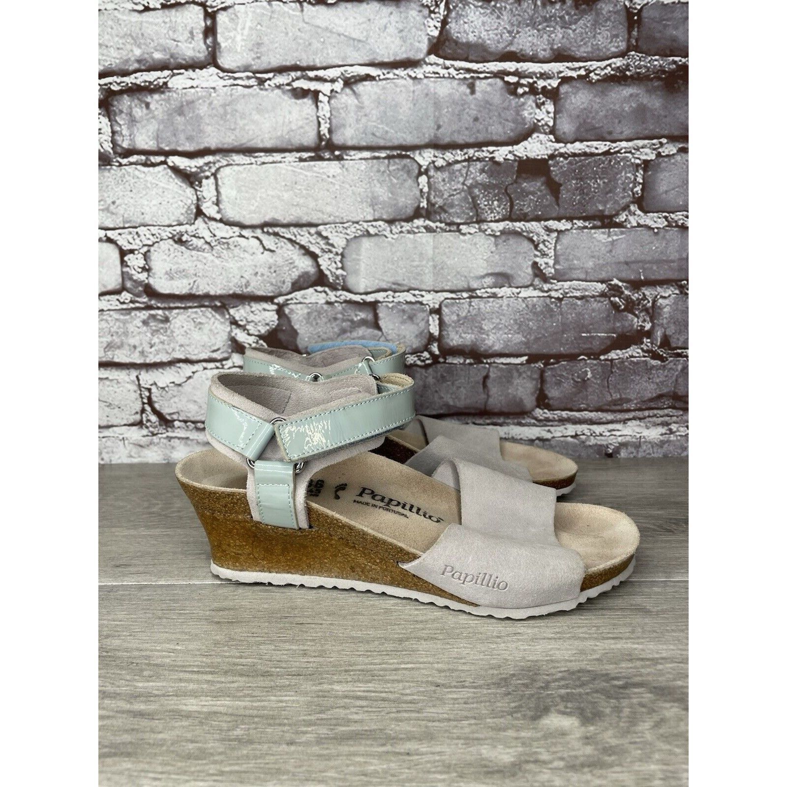 Birkenstock Papillio Grey Nubuck Suede Teal Patent Cork Wedg