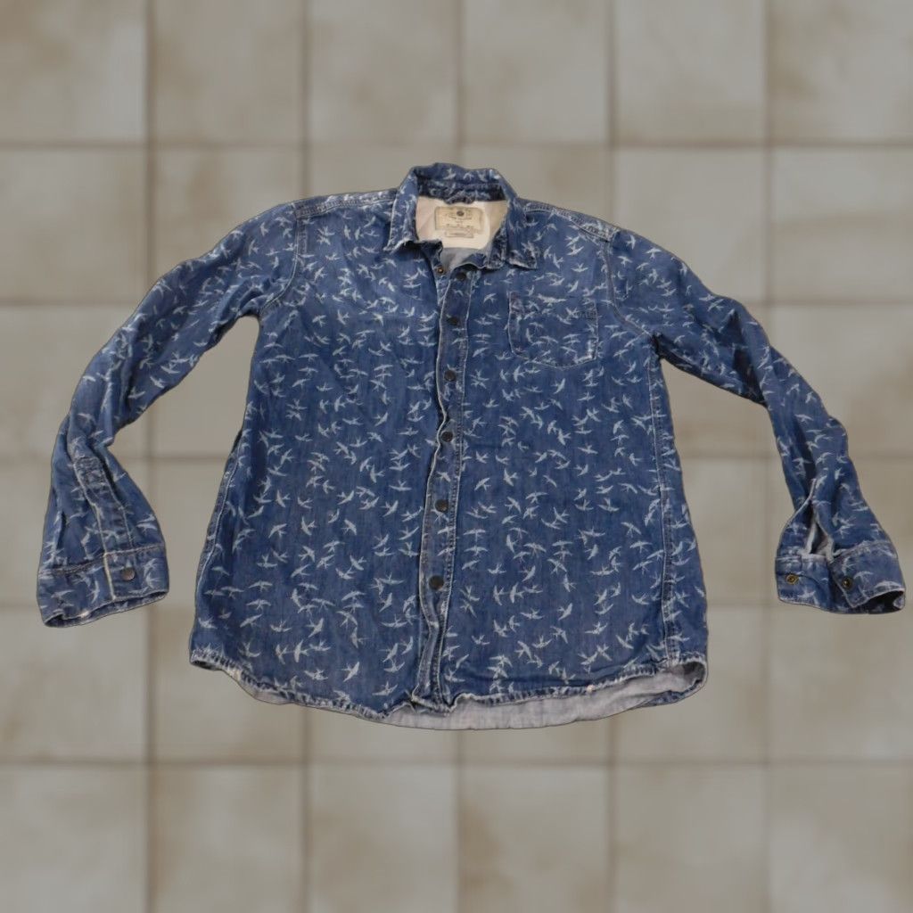 Zara Zara Shirt Denim Blue Slim Fit Long Sleeve Cotton Birds Print Button-Up Collared Button-Down Regular Size L Mens Size US L / EU 52-54 / 3 - 1 Thumbnail
