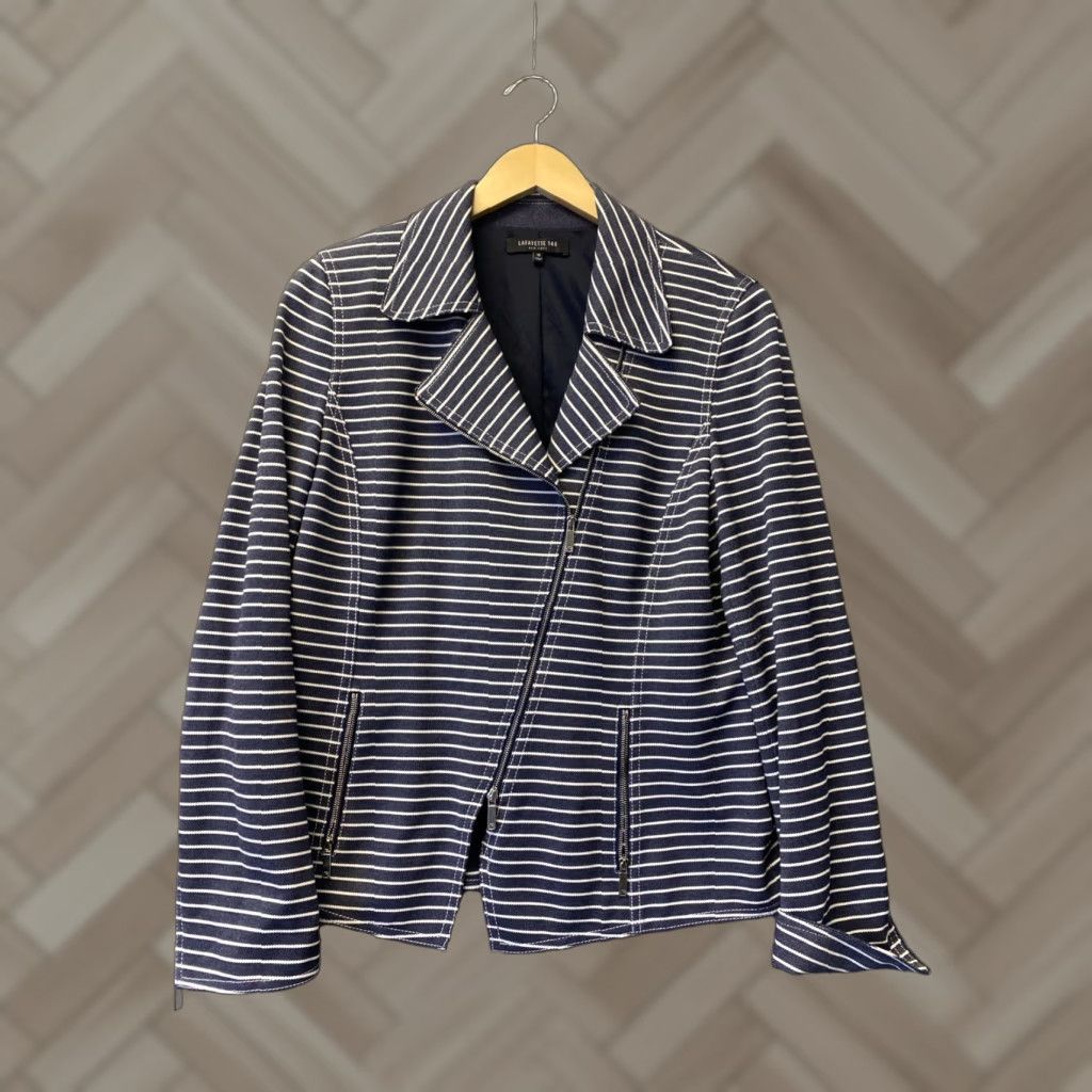 Vintage Lafayette 148 New York Jacket - Women - 10 - Blue Striped Moto Blazer - Full Zip - Viscose Twill - Workwear/Casual - Designer Size L / US 10 / IT 46 - 1 Thumbnail
