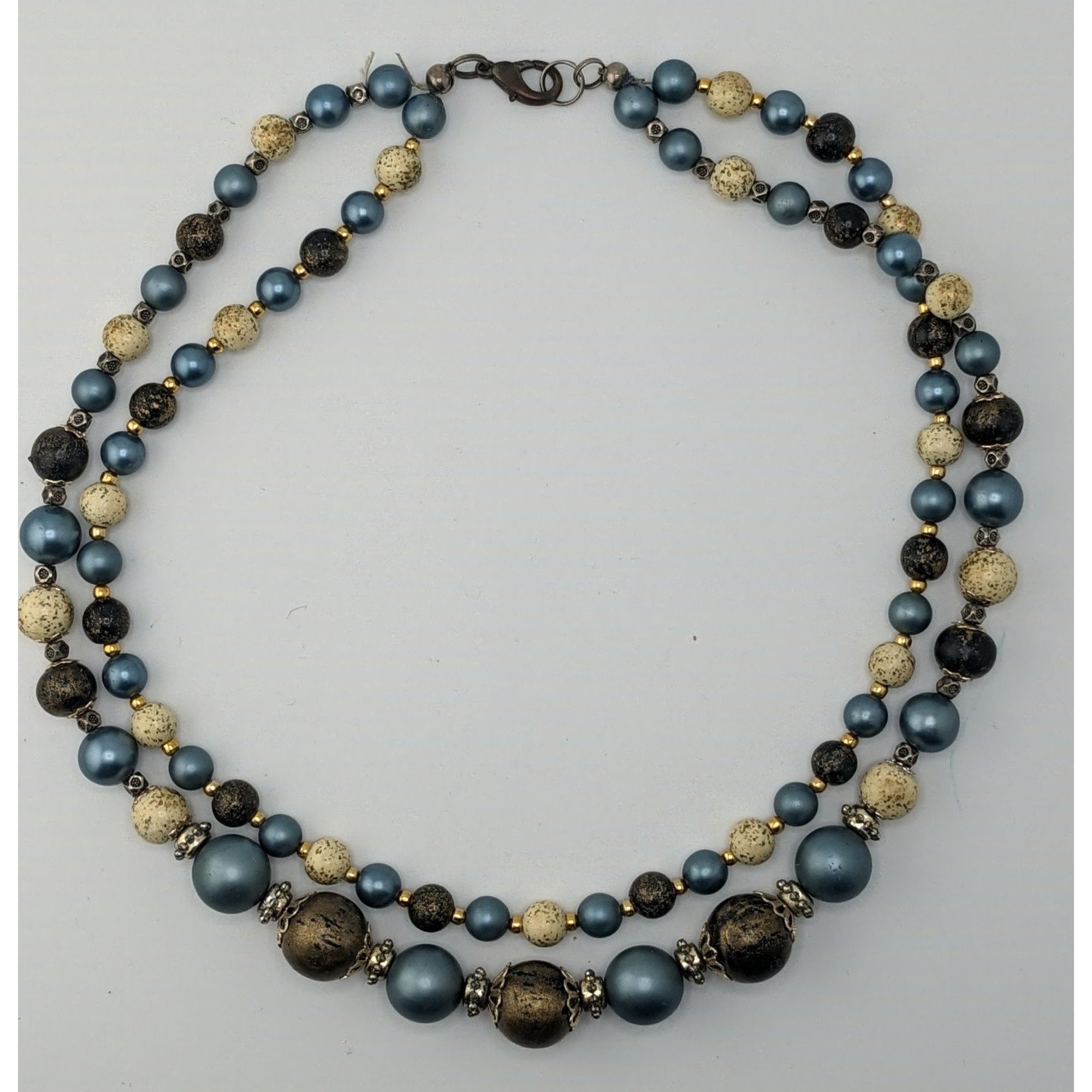 Handmade Vintage Handmade Blue Cream And Gold Double-Strand Beaded Ne Size ONE SIZE - 4 Thumbnail