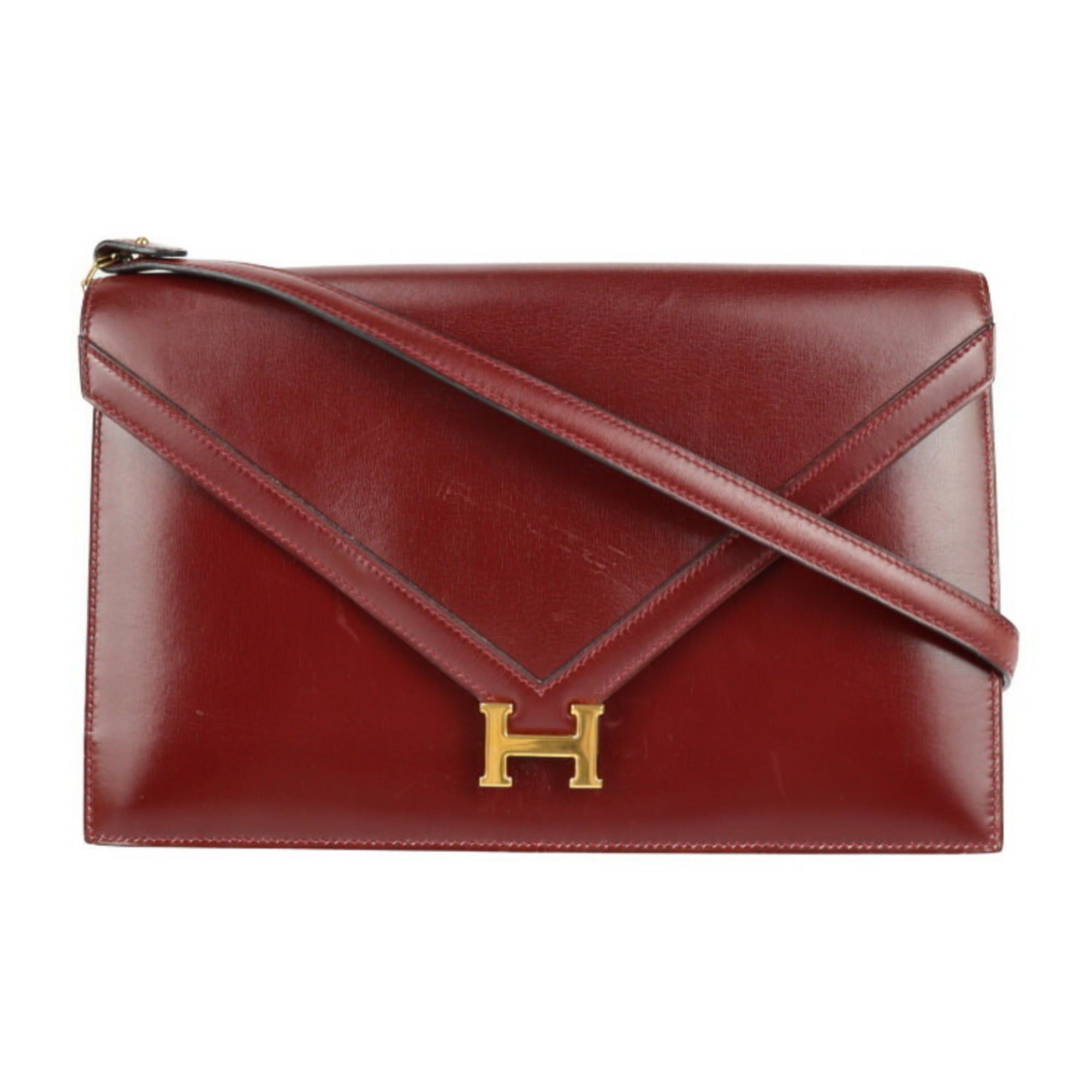image of Hermes Liddy Shoulder Bag Box Calf Rouge Ash Bordeaux Gold Hardware 2Way Clutch 〇G Engraved Vintage