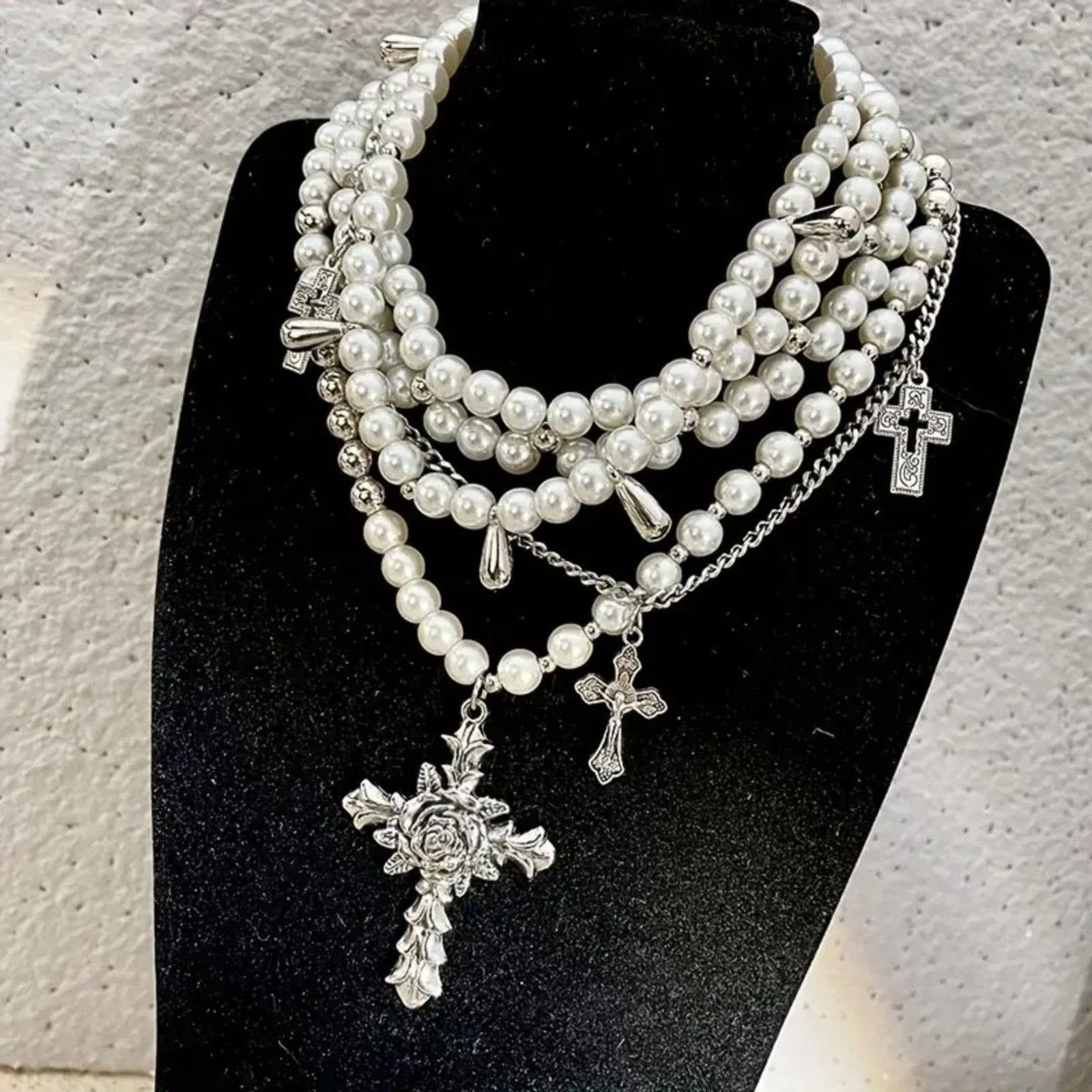 Other Gothic Goth Punk Pearl Multi-Layer Cross Choker Necklace Size ONE SIZE - 5 Thumbnail