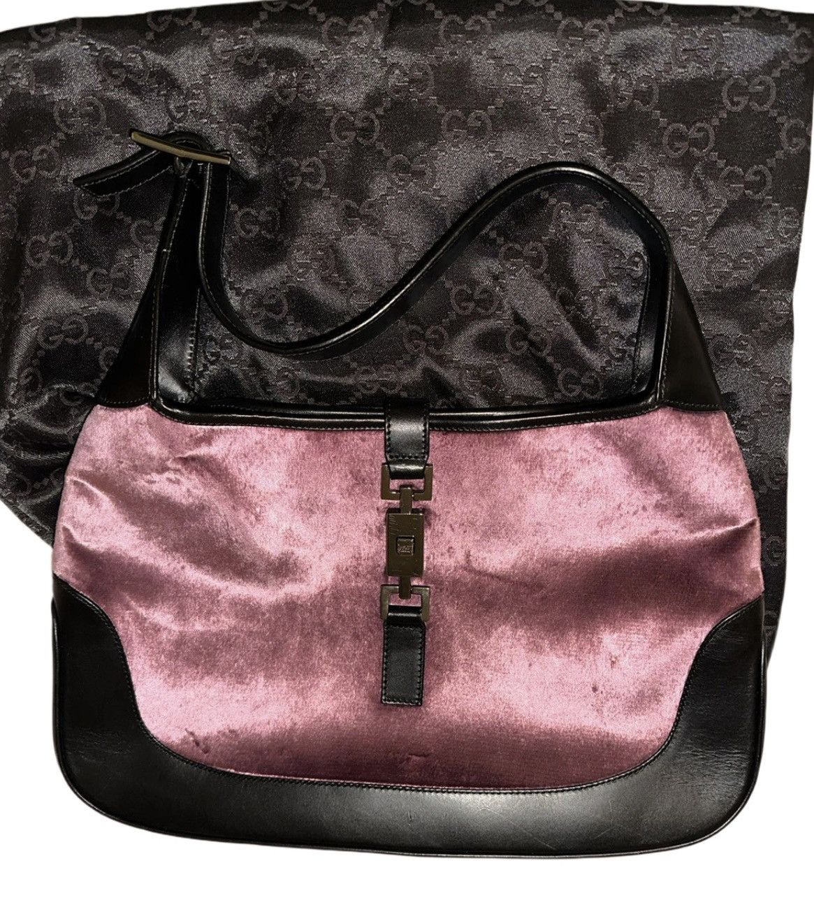 GUCCI Vintage Pink Velvet Black Leather Trim Jackie Hobo