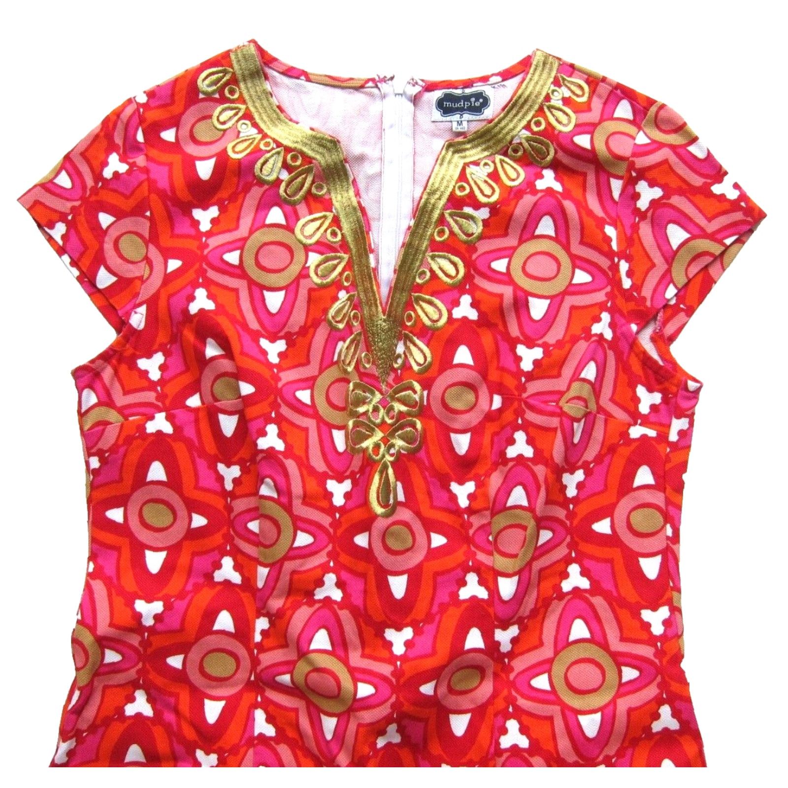 Vintage Mudpie Pink White Gold Geometric 100% Cotton Cap Sleeve Tunic Shift Dress M 8-10 Size M / US 6-8 / IT 42-44 - 4 Thumbnail