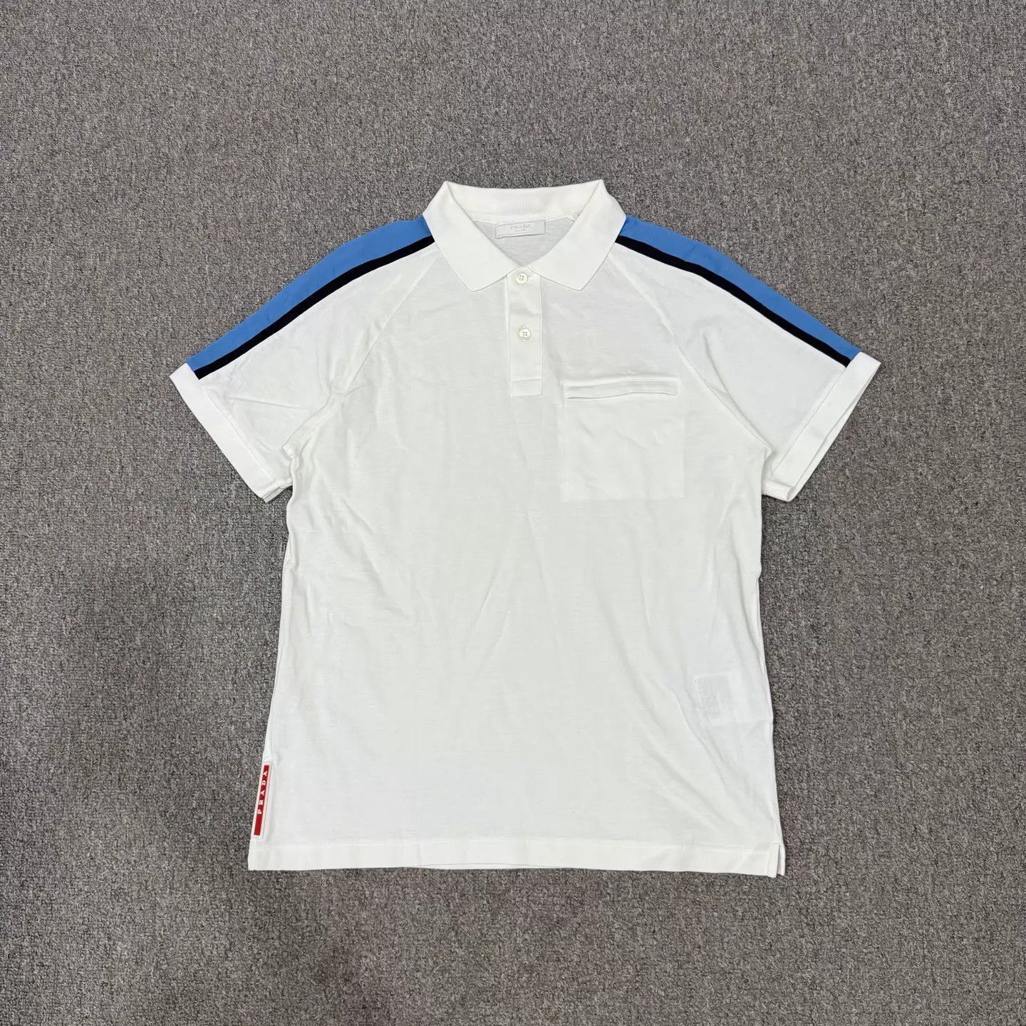 Prada White Polo Shirt with Blue and Black Striped Sleeves Size US M / EU 48-50 / 2 - 1 Thumbnail