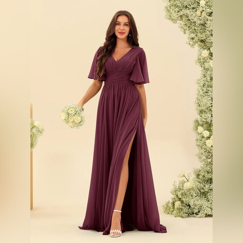Other Lavetir A-Line V-Neck Half Sleeves Split Side Chiffon Mulber Size 4XL / US 24-26 - 1 Thumbnail