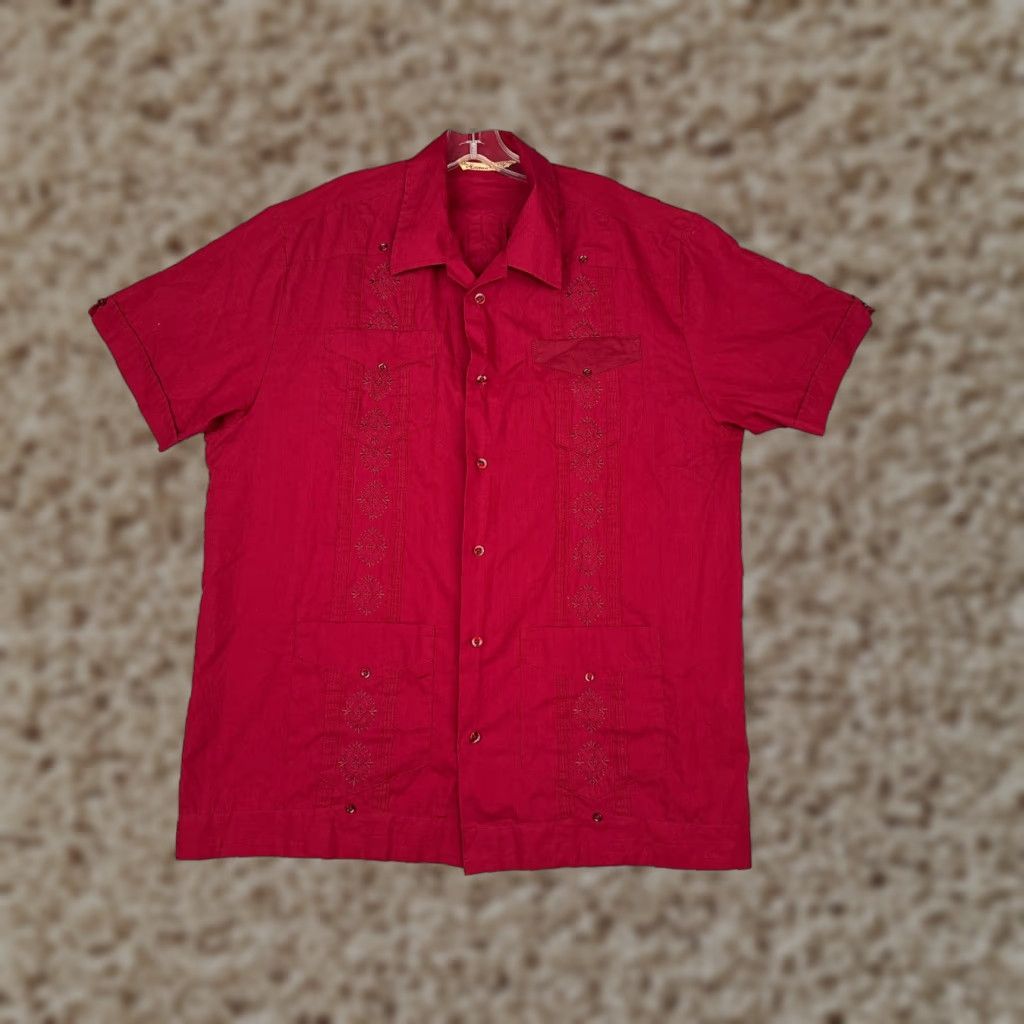 CO Havanera Guayabera Shirt Men Large Red Button Up 4 Pocket Poly Blend READ Size US L / EU 52-54 / 3 - 1 Thumbnail