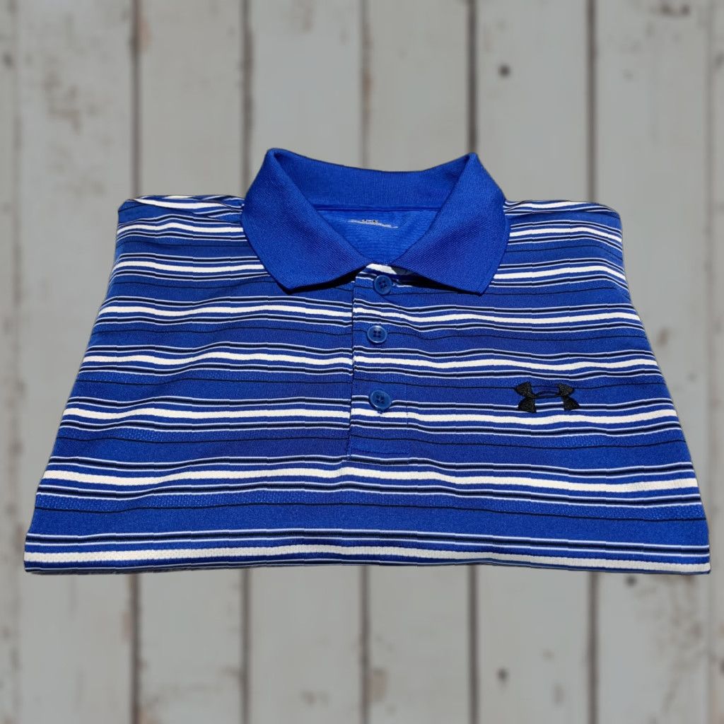 Under Armour UNDER ARMOUR VENTED GOLF POLO SHIRT - L - BLUE STRIPE - HEAT GEAR - MENS Size US L / EU 52-54 / 3 - 1 Thumbnail