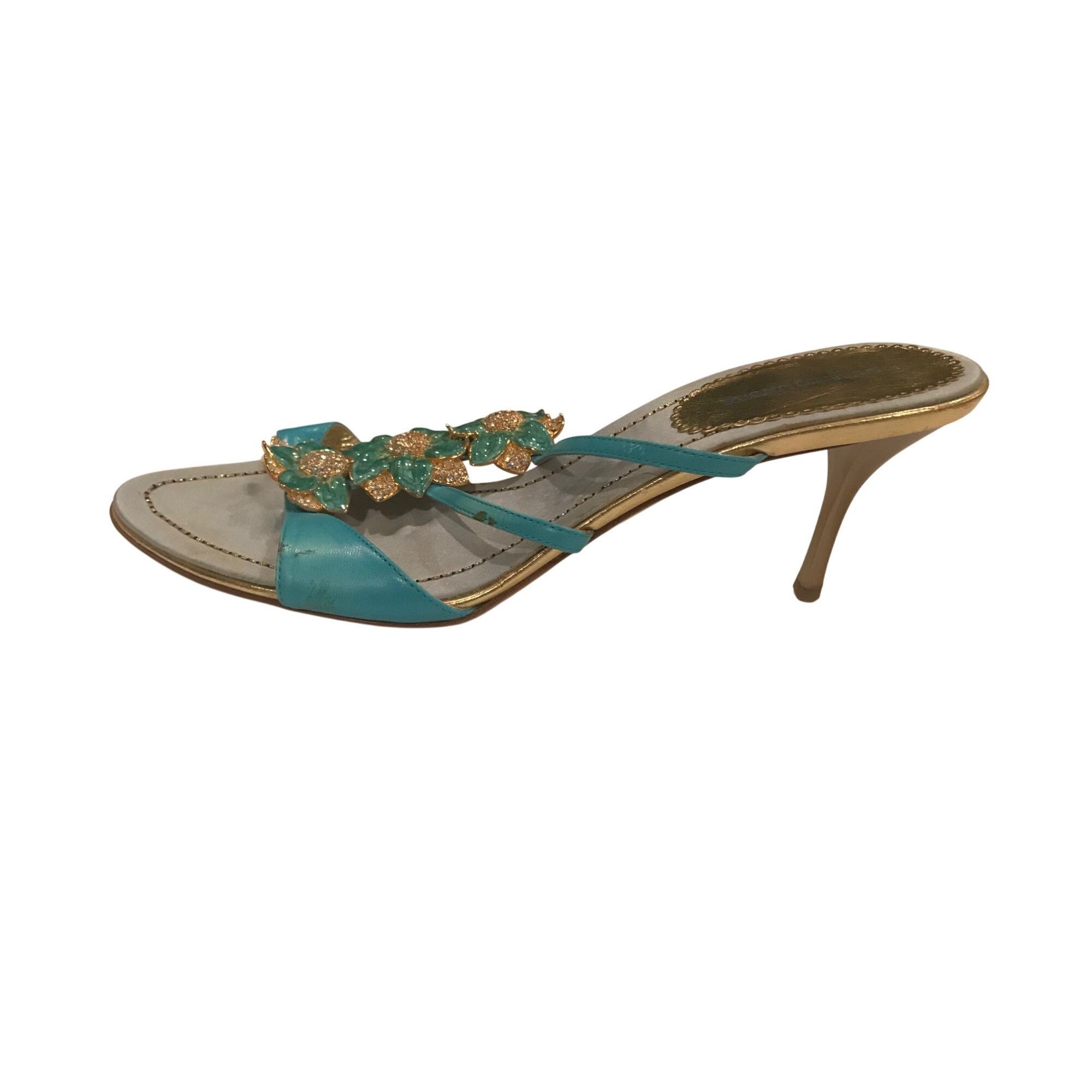 Vintage Gianmarco Lorenzi Turquoise Strappy Embellished Leather S Size US 8.5 / IT 38.5 - 4 Thumbnail