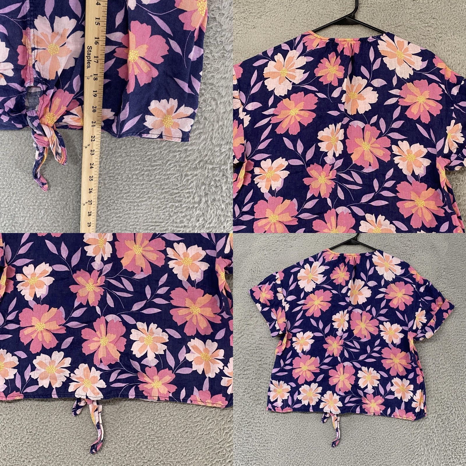 Charter Club Charter Club Linen Floral Top Womens M Navy Tie Front Summer Flower Blouse Short Sleeve V-Neck Floral Relaxed Size M / US 6-8 / IT 42-44 - 8 Thumbnail