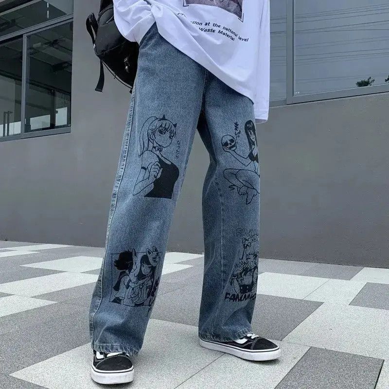 Japanese Brand Unisex jeans graffiti print Korean American hip-hop style Size US 32 / EU 48 - 5 Thumbnail