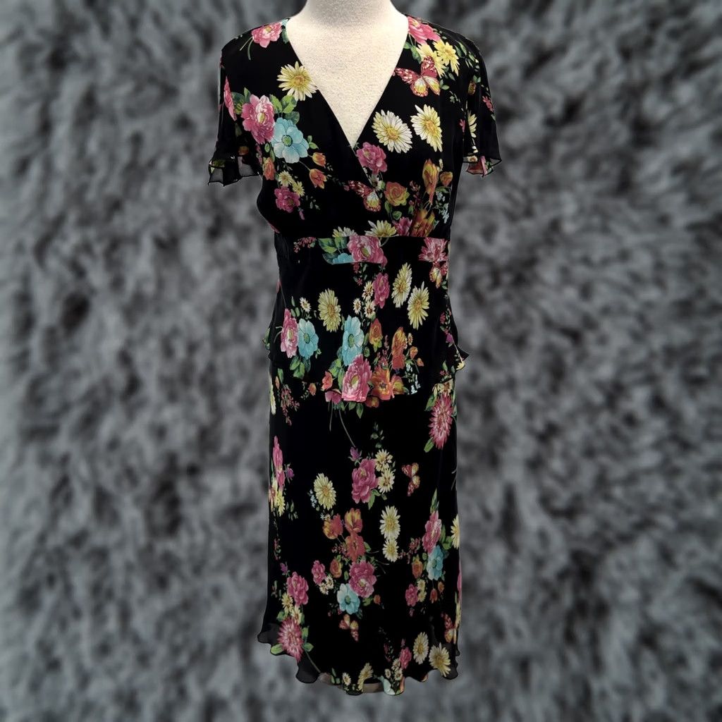 Vintage Vintage Spenser Jeremy Silk Floral Midi Dress Womens 12 Peplum Waist Butterfly Size XL / US 12-14 / IT 48-50 - 1 Thumbnail