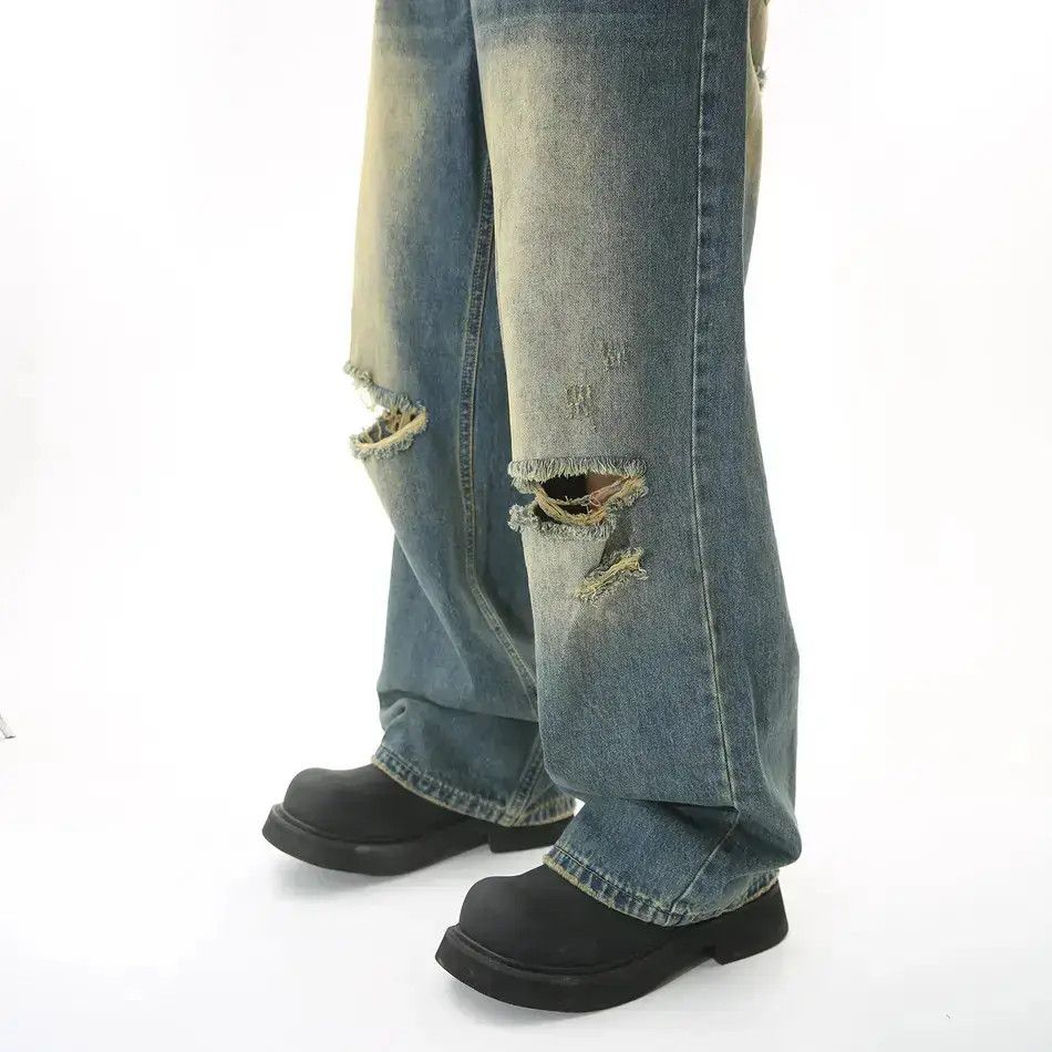 Japanese Brand Retro loose straight leg ripped jeans Size US 32 / EU 48 - 5 Thumbnail