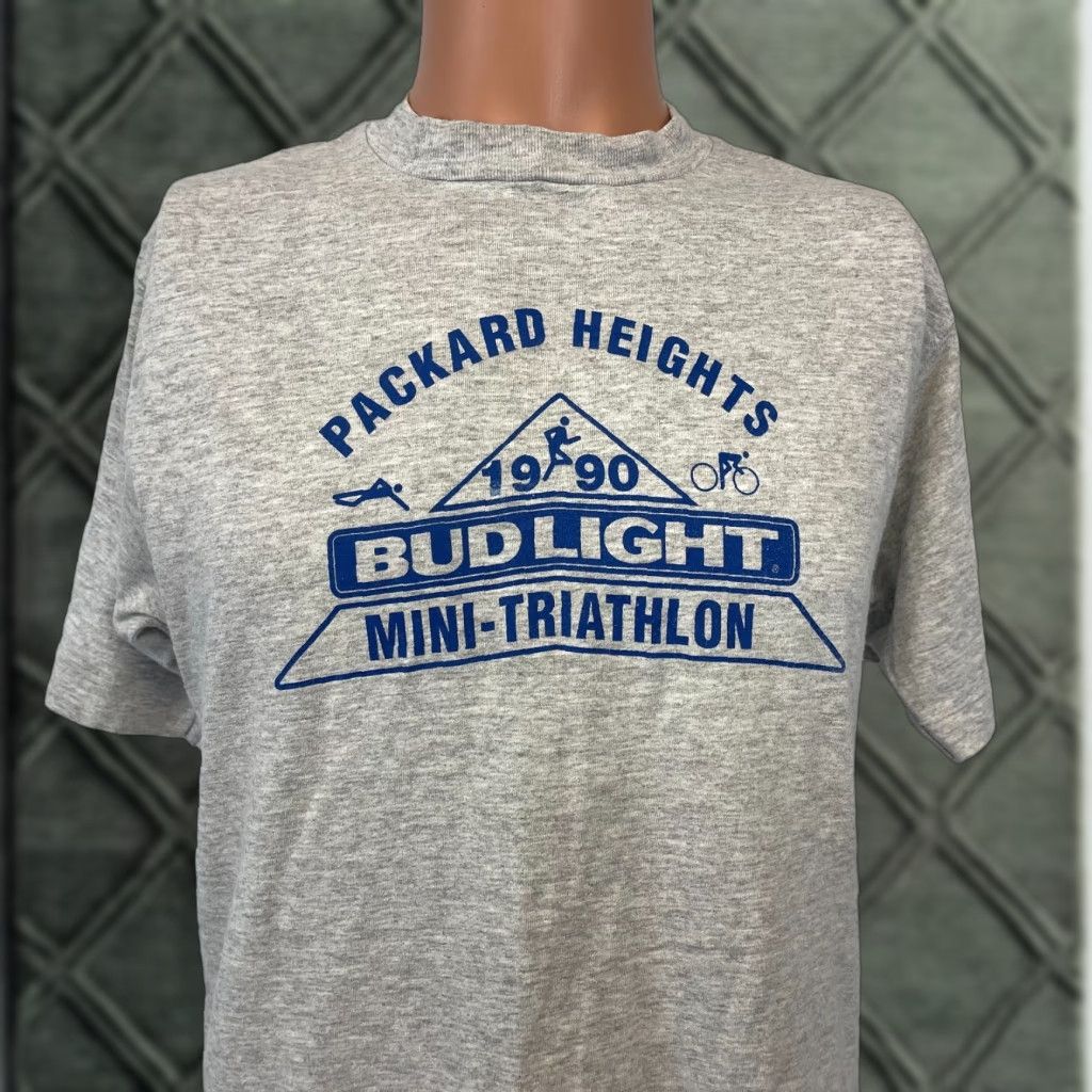 VINTAGE Discus Athletics Bud Light Mini Triathlon T-Shirt Gray 90s Adult Large Single Stitch Mens