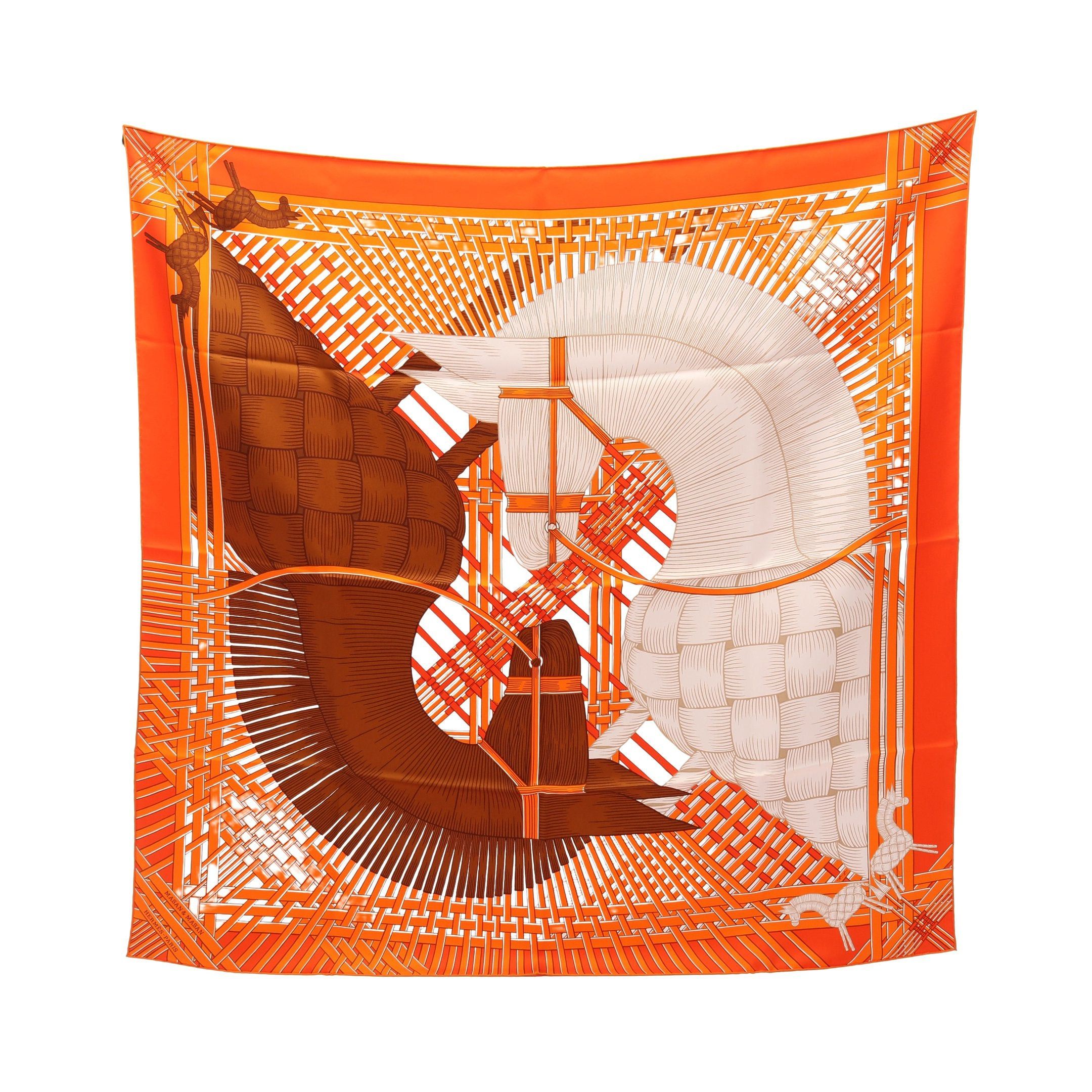 Hermes Hermes Carres 90 Masan&Masan Scarf Silk Orange Brown Ivory Size ONE SIZE - 1 Thumbnail
