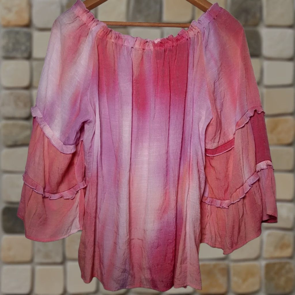 Vintage Zac & Rachel Blouse Large Pink Tie Dye Peasant Hippie Boho Off Shoulder 3/4 Sleeve Bell Sleeve Polyester Rayon Size L / US 10 / IT 46 - 1 Thumbnail