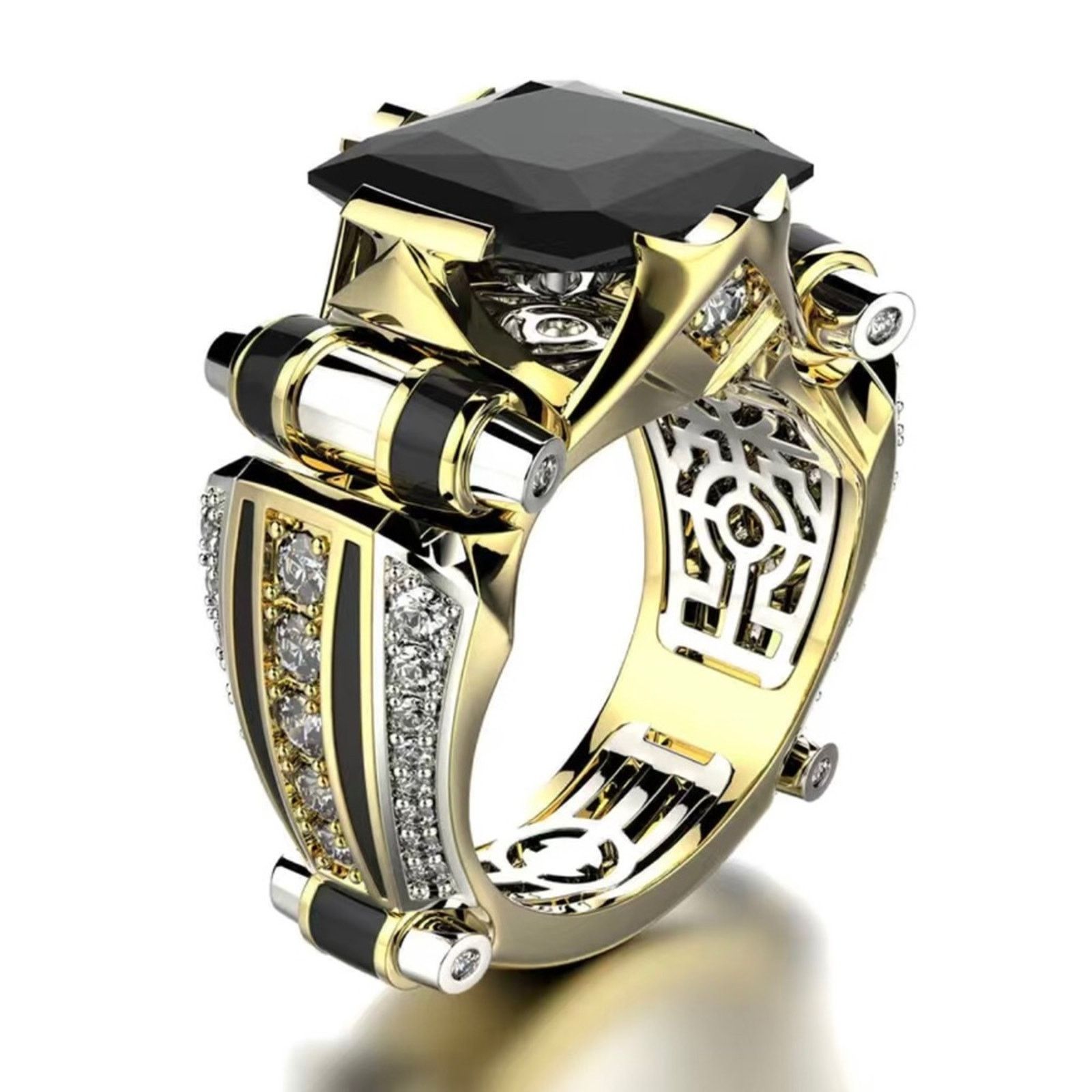 Jewelry Men’s fashionable faceted black stone gold band ring NWT 9 Size ONE SIZE - 6 Thumbnail