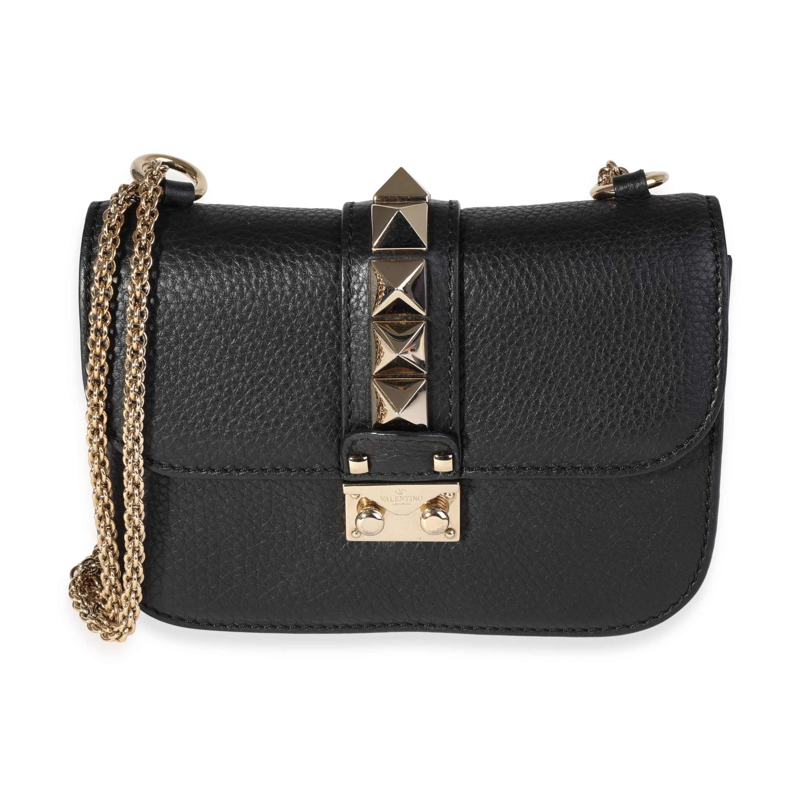 Valentino Black Pebbled Leather Rockstud Small Glam Lock Bag