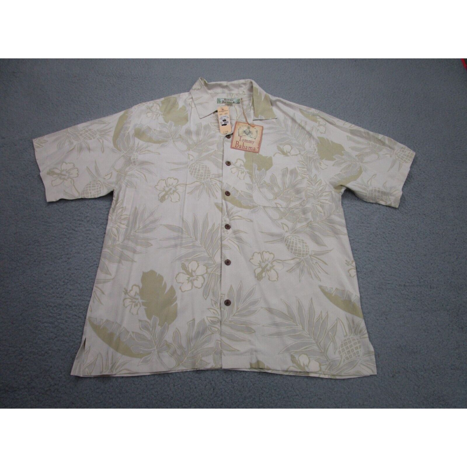 image of Tommy Bahama Shirt Mens L Beige Green Floral Button-Up Silk Camp Hawaiian in White (Size Large)