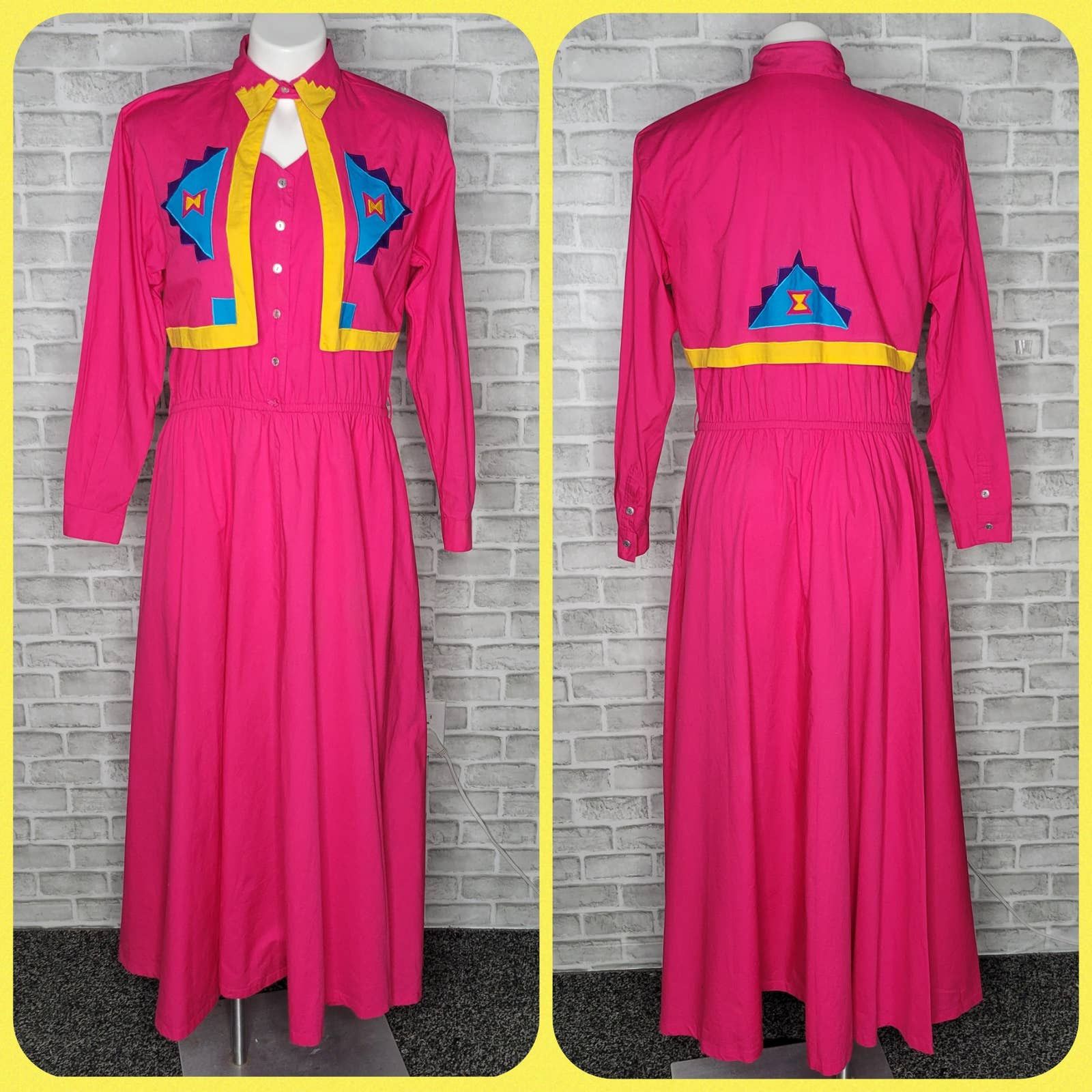 image of Vintage Southwest Maxi Western Dress Attached Bolero Jacket in Pink, Women's (Size Small)