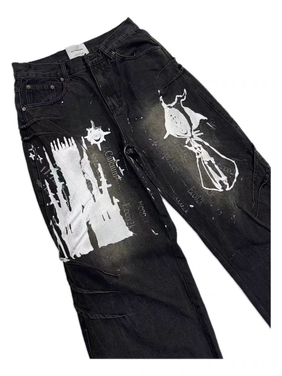 Designer Washed and Aged Frayed Print Street Y2K Jeans Size US 32 / EU 48 - 2 Thumbnail