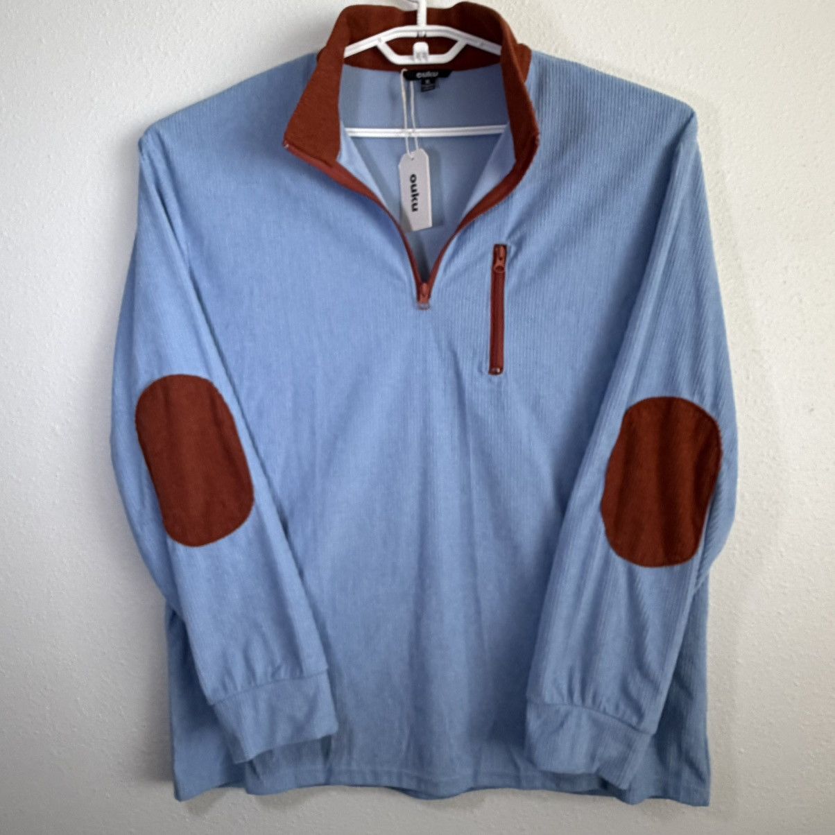 Other OUKU Mens XL 1/4 Pullover Ribbed Knit Blue Elbow Patches NWT Size US XL / EU 56 / 4 - 1 Thumbnail