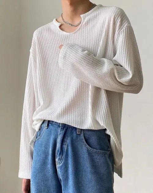 Japanese Brand Korean fashion white U neck long sleeve waffle top Size US M / EU 48-50 / 2 - 4 Thumbnail