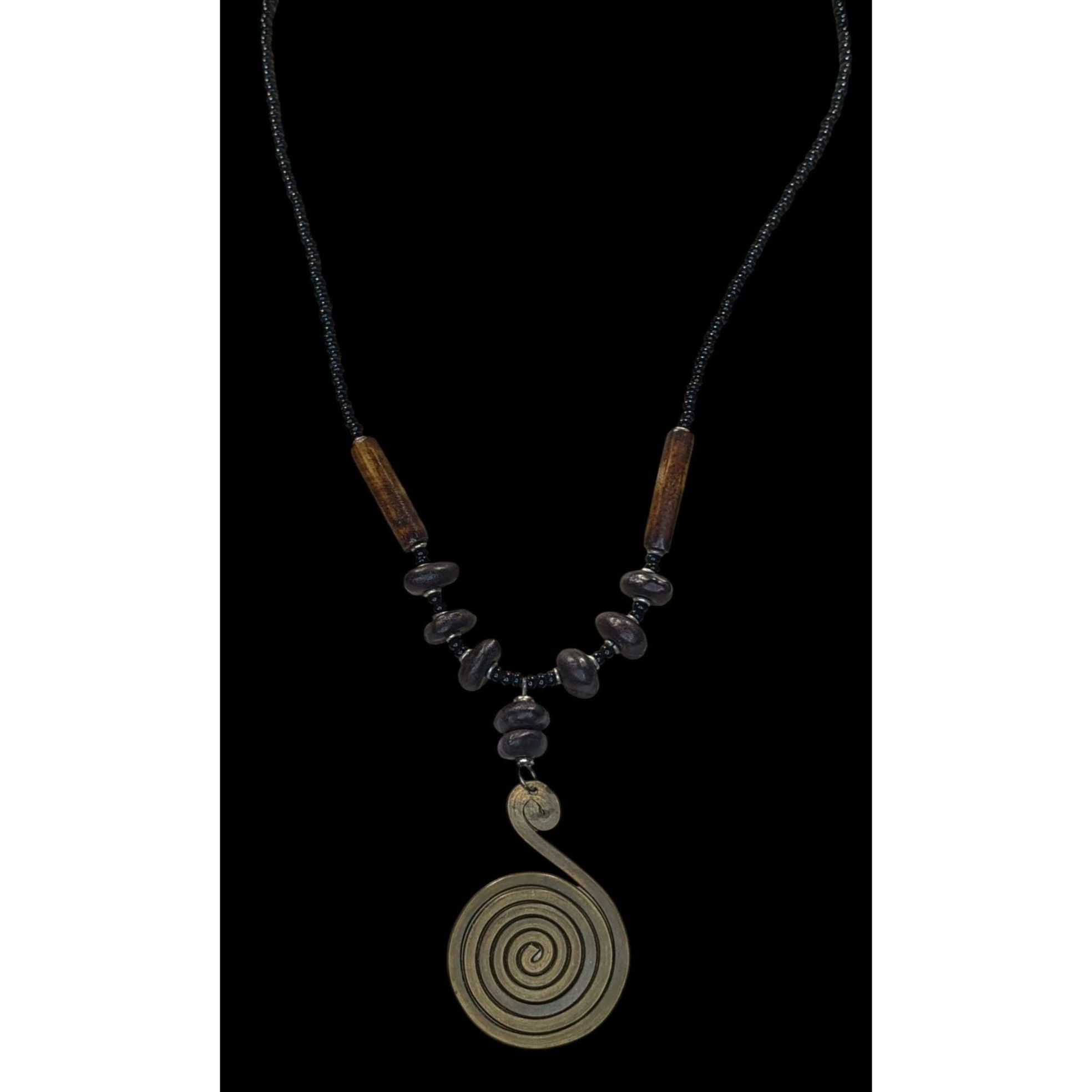 Handmade Vintage Tribal Spiral Pendant Necklace With Black Beads Wood Size ONE SIZE - 1 Thumbnail