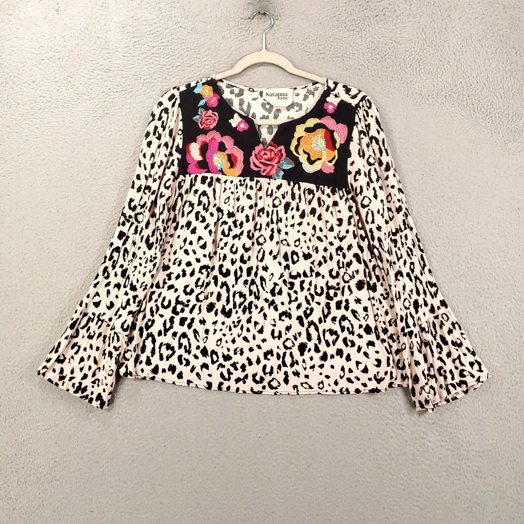 Vintage Savanna Jane Top Womens Small Boho Embroidered Flowers Leopard Blouse Teaming Size S / US 4 / IT 40 - 2 Thumbnail