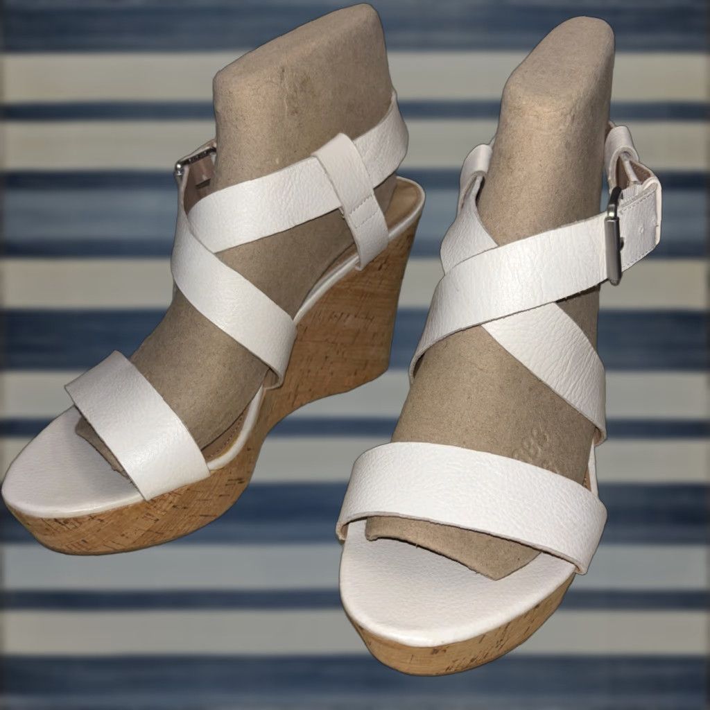 Franco Sarto Shana Wedge Sandals White Leather Women Size 9.5 High Heel Shoes Strappy Casual