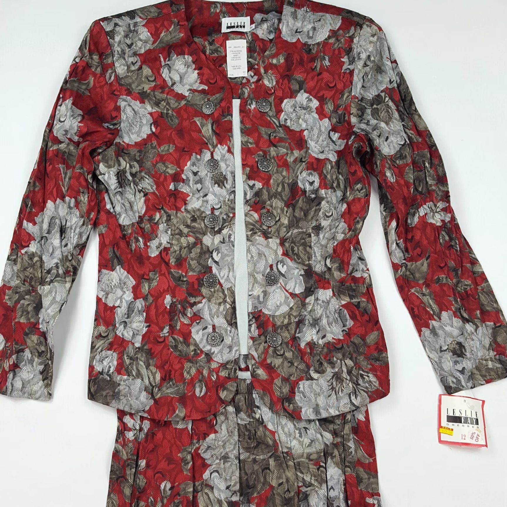 Vintage VINTAGE Leslie Fay Women's Large Floral Suit Skirt Set 2-Piece Pleated Red 80s Retro Party/Cocktail Dress Shirt Size 36" / US 14 / IT 50 - 2 Thumbnail