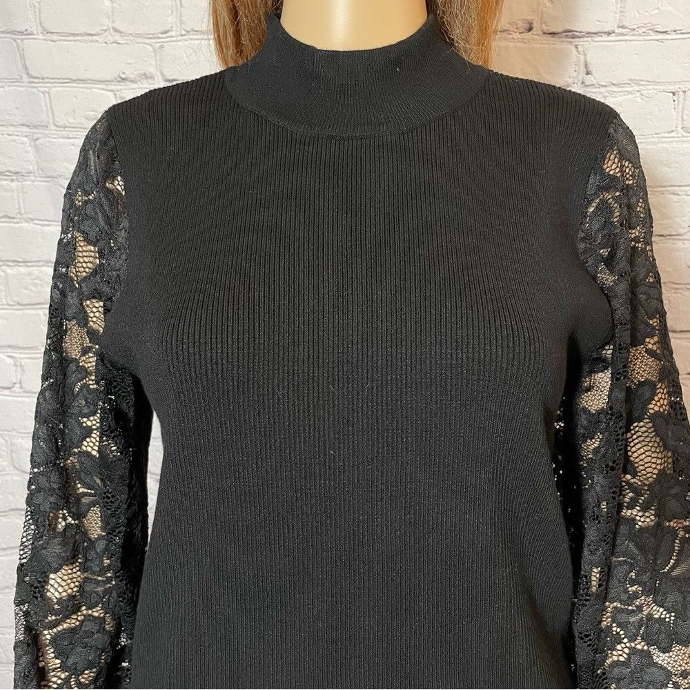 Vince Camuto NWT New $89 Vince Camuto Lace Long Sleeve Mock Neck Black S Size L / US 10 / IT 46 - 9 Thumbnail
