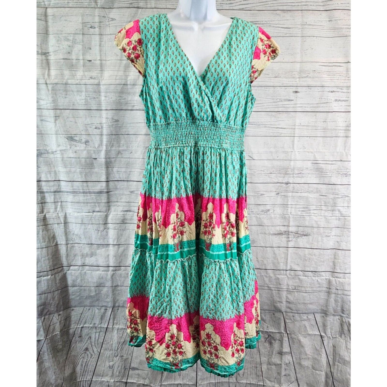 Vintage eShakti Womens Dress L Blue Pink Floral Cap Sleeve Smocked Waist Pockets Midi A-Line Vintage: No (adjusted per rules) Size L / US 10 / IT 46 - 2 Thumbnail