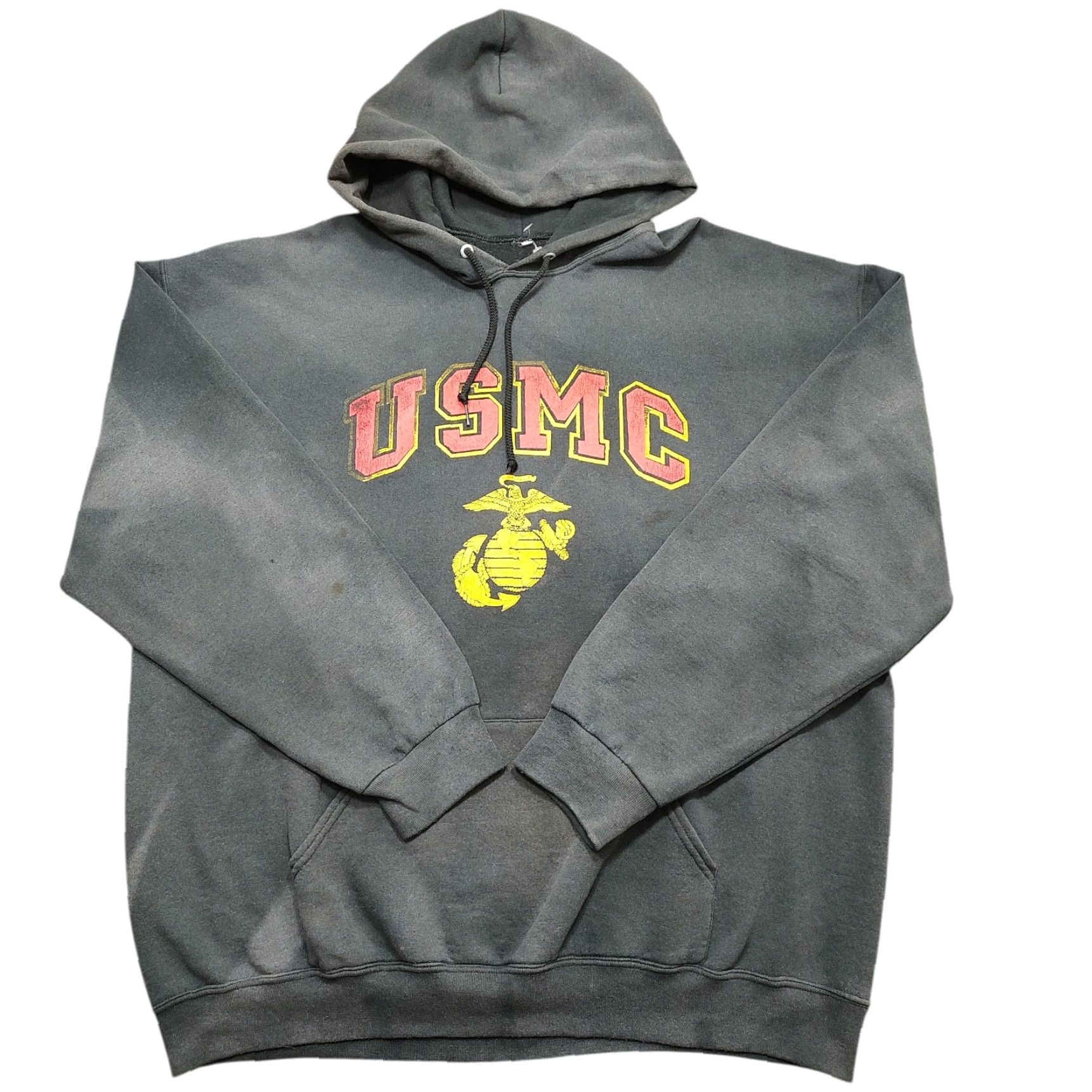 VINTAGE Soffe USMC Hoodie Mens Hooded Pullover Sweatshirt Black 