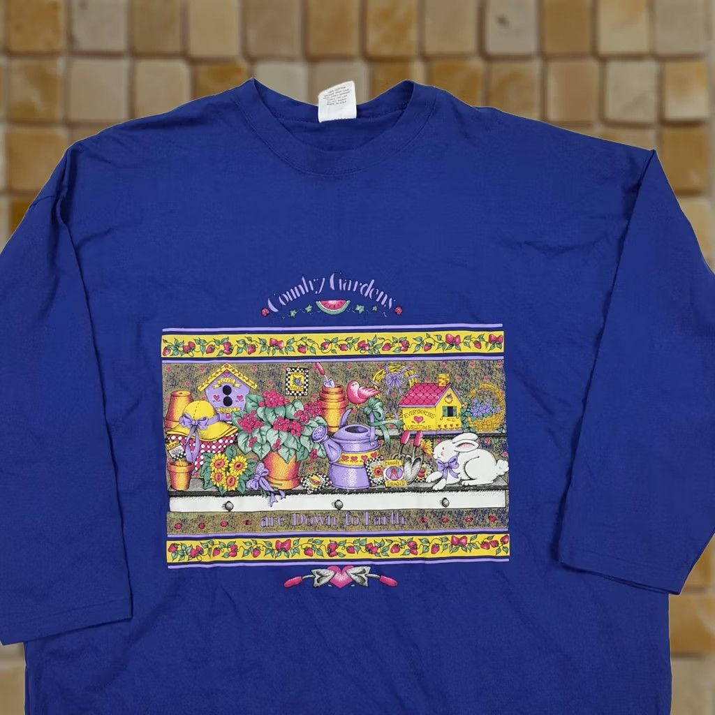 Vintage VINTAGE Sturtee T-Shirt Blue 2XL Adult Womens 2XL Crew Neck 3/4 Sleeve Cotton Cute Retro 90s Garden Animals USA Made Shirt Top Size XXL / US 16-18 / IT 52-54 - 1 Thumbnail