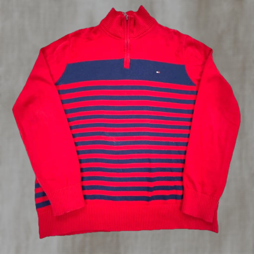 Tommy Hilfiger Tommy Hilfiger Sweater Men L Red Striped Knit 1/4 Zip Pullover Front Logo Embroidered Classic Preppy Modern Mens Knit Size US L / EU 52-54 / 3 - 1 Thumbnail
