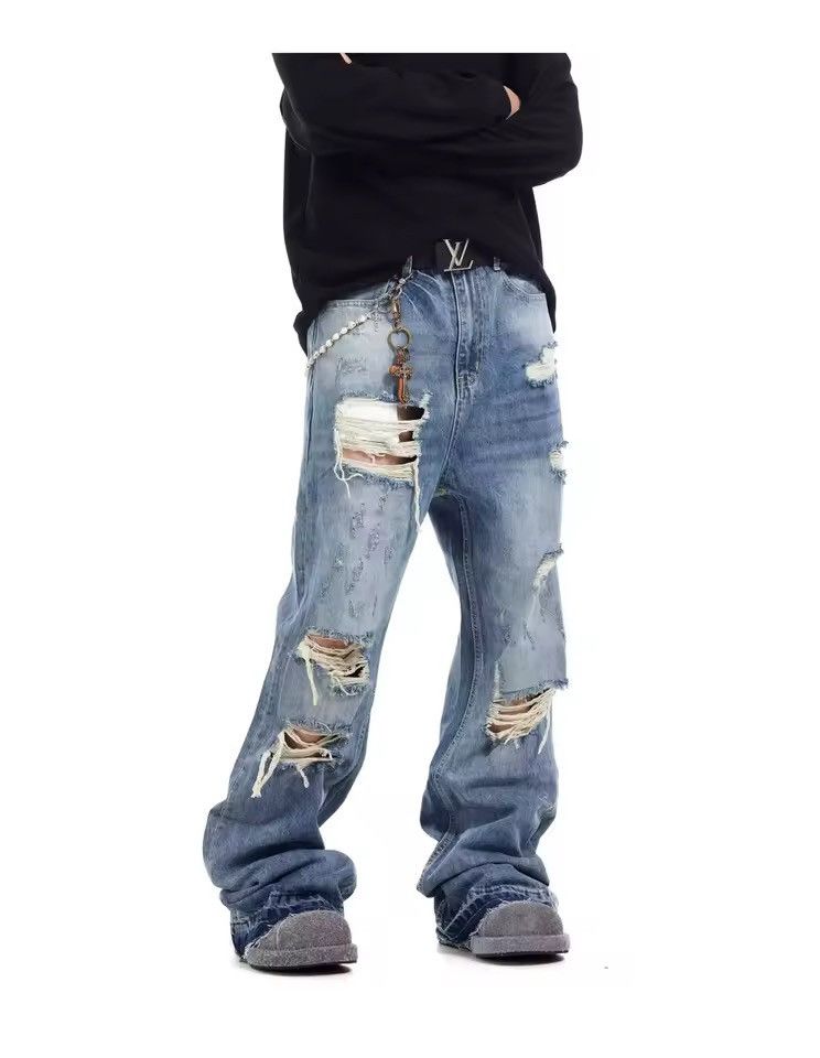 Japanese Brand Streetwear Straight Distressed Blue Y2k Holes Jeans Swag Size US 28 / EU 44 - 1 Thumbnail