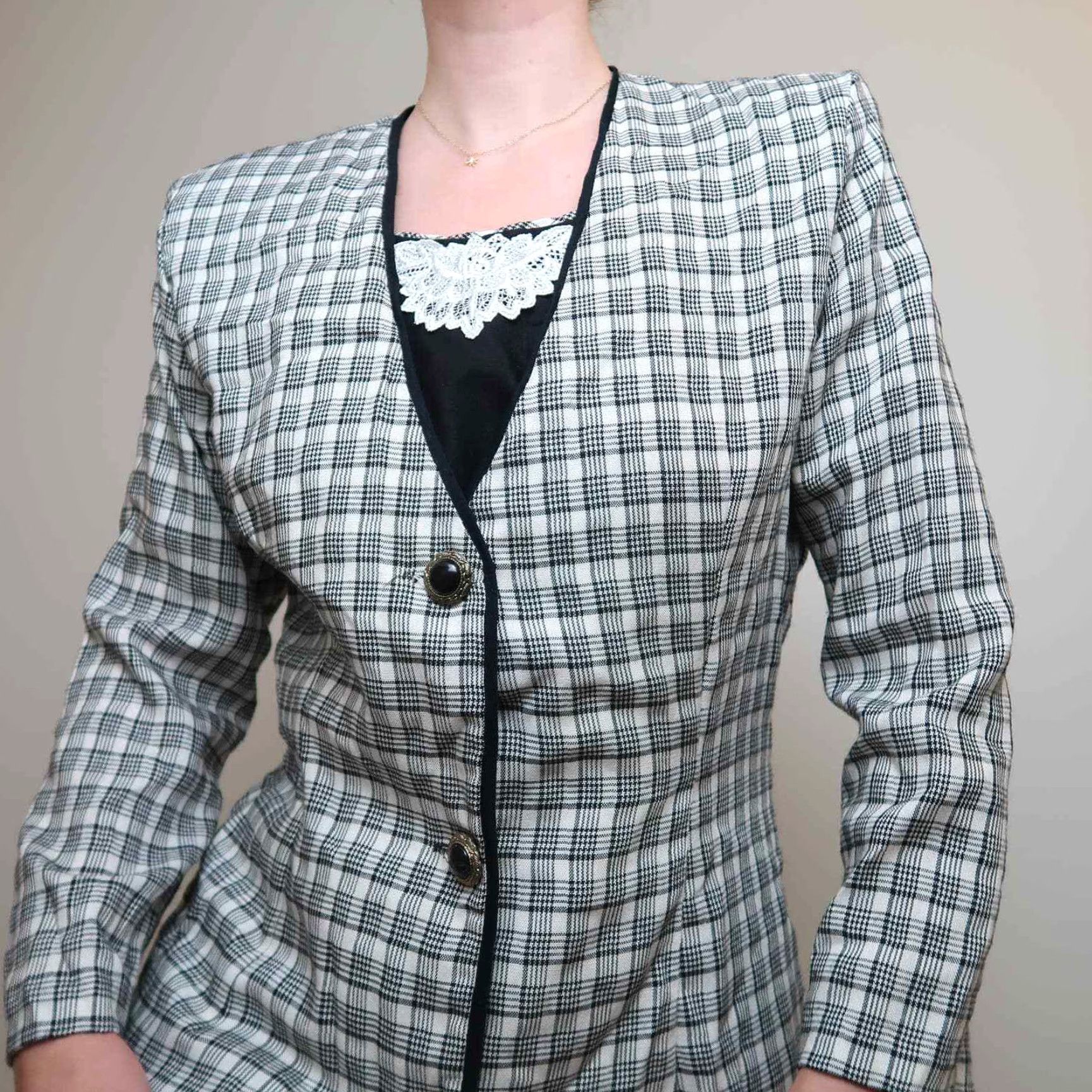 Vintage VINTAGE 90s Sketch Blazer Shirt Cream Plaid Lace Dicky M Mens Women? Size M / US 6-8 / IT 42-44 - 2 Thumbnail