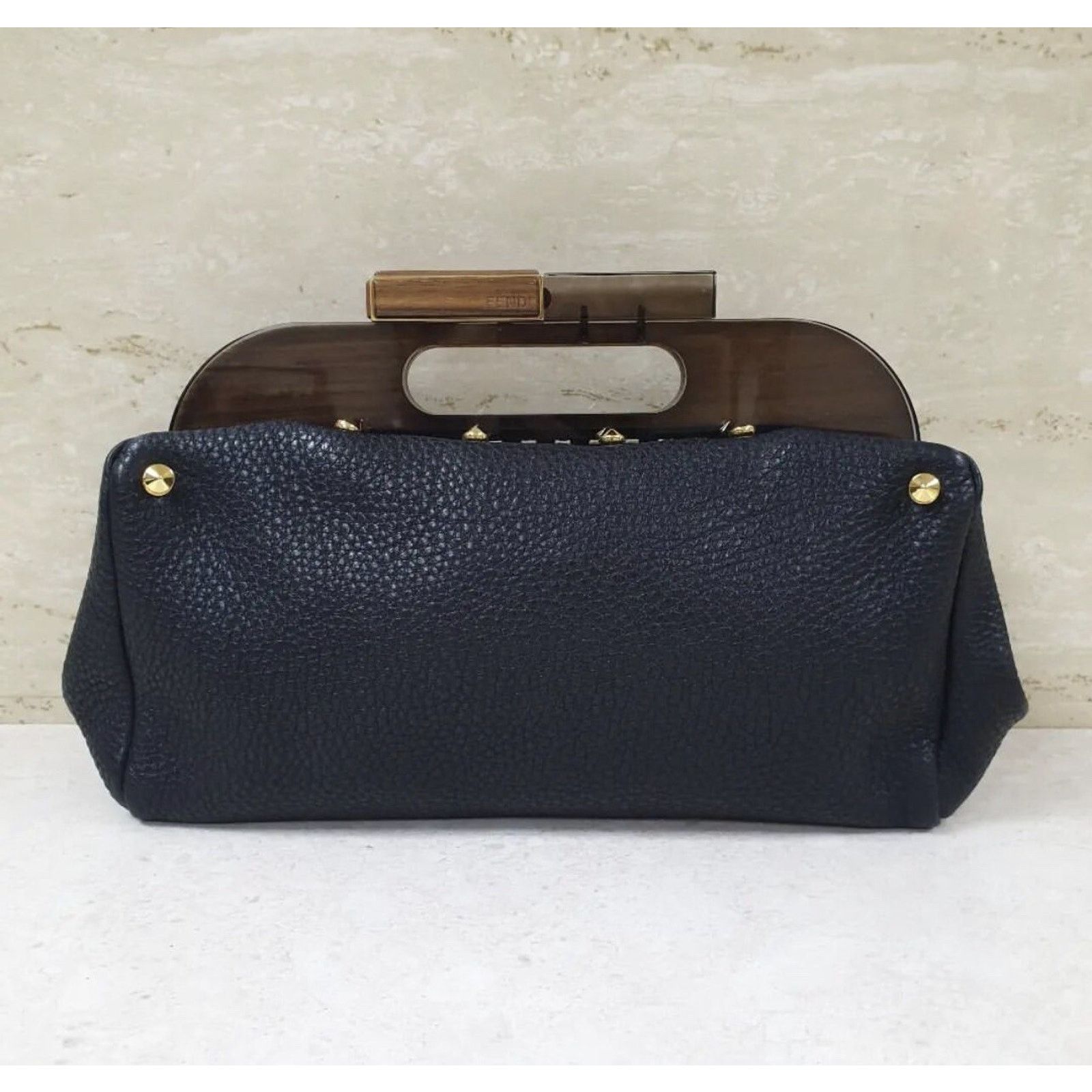 Fendi Fendi Black Leather Walnut Wood Handle Clutch Bag Size ONE SIZE - 1 Thumbnail