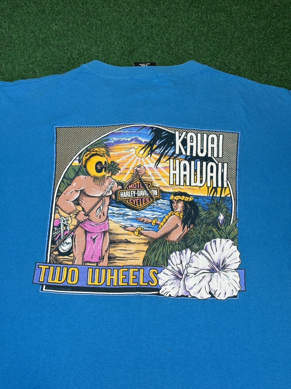 Harley Davidson × Vintage Vintage 90s Harley Davidson RARE Kauai Hawaii Blue T Shirt Size US XXL / EU 58 / 5 - 7 Thumbnail