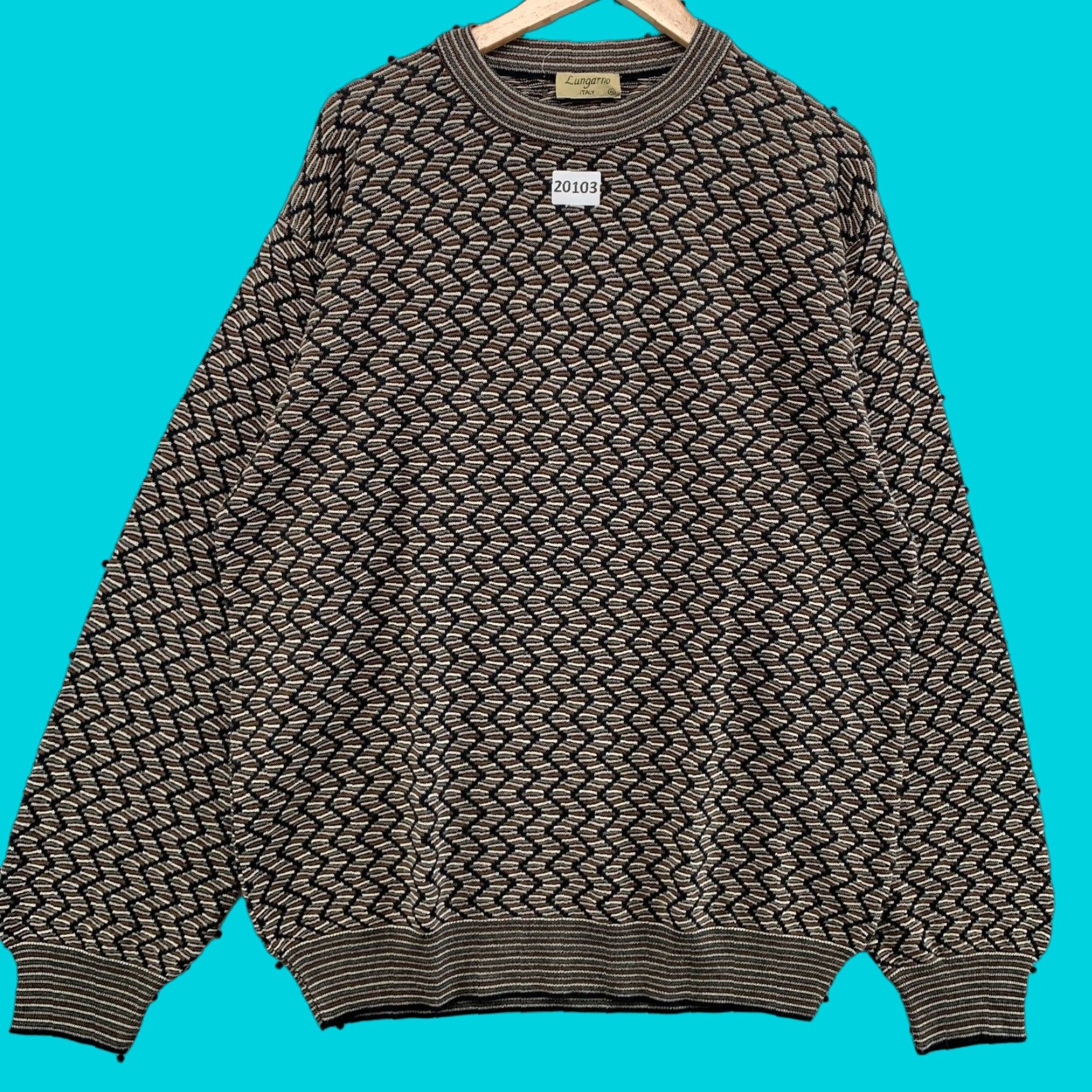 Vintage LUNGARNO Pullover Sweater 3D Knit Knit Geometric Crew Neck Mens XL Brown Size US XL / EU 56 / 4 - 1 Thumbnail
