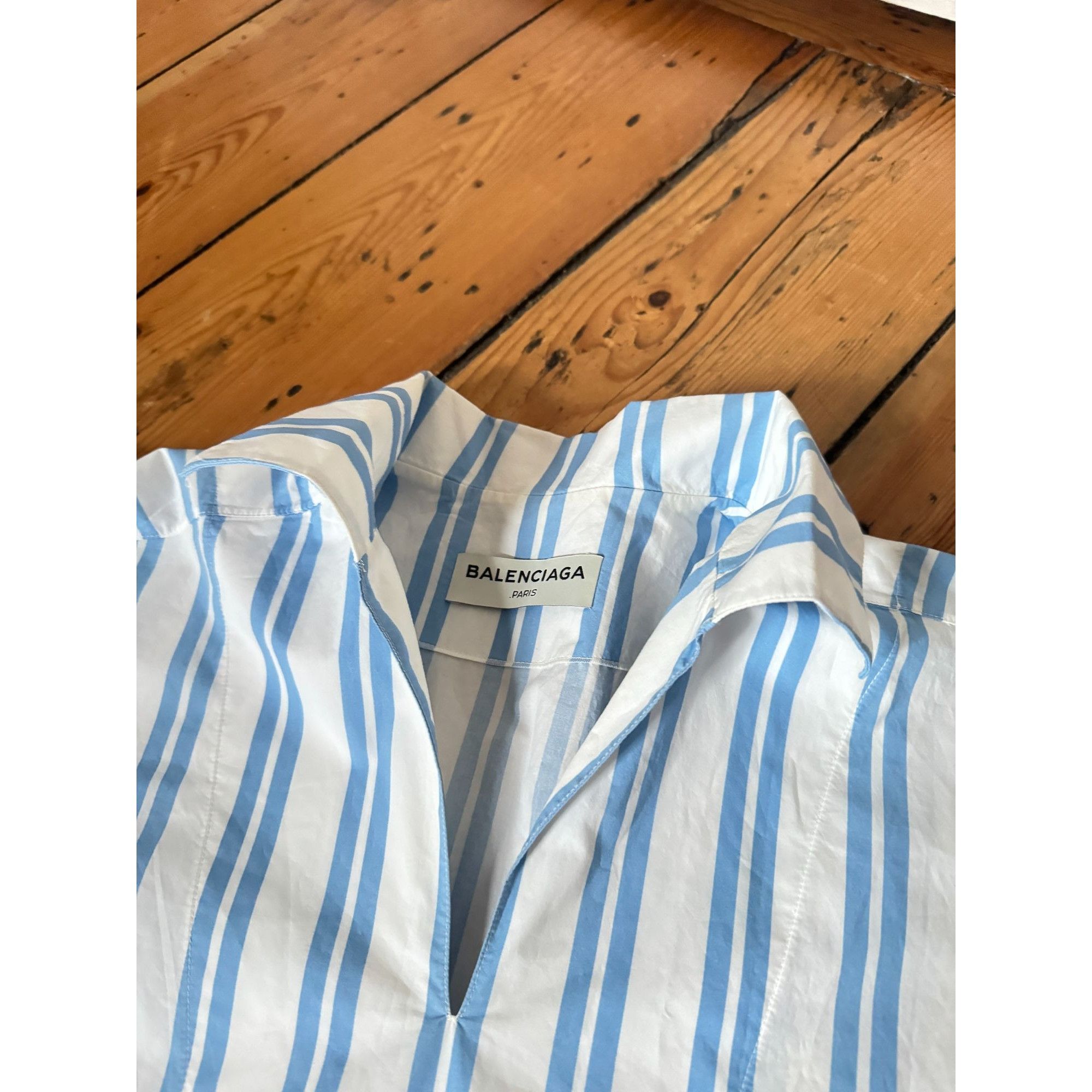 Balenciaga Oversized White Blue Striped Short Sleeves Shirt Size S / US 4 / IT 40 - 4 Thumbnail