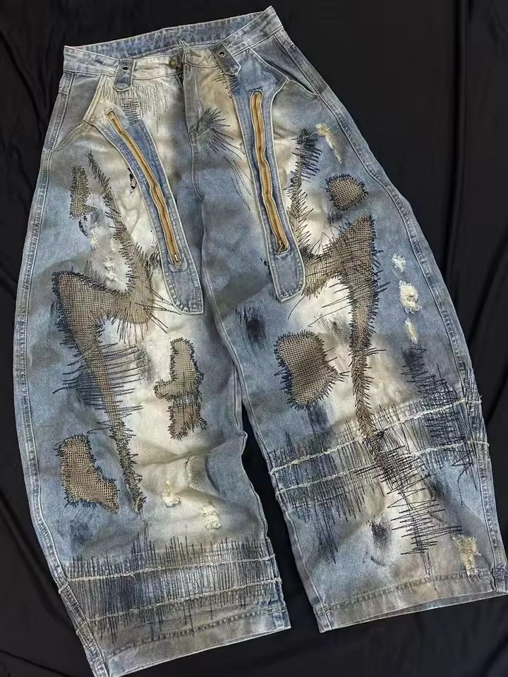 Jean Patchwork Streetwear Washed Embroidery Printed Dirty Jeans Size US 30 / EU 46 - 3 Thumbnail