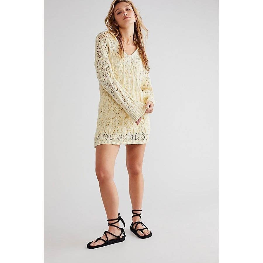 Free People New Elton Collared Crochet Mini Dress $178 MEDIUM Ivory Size M / US 6-8 / IT 42-44 - 2 Thumbnail
