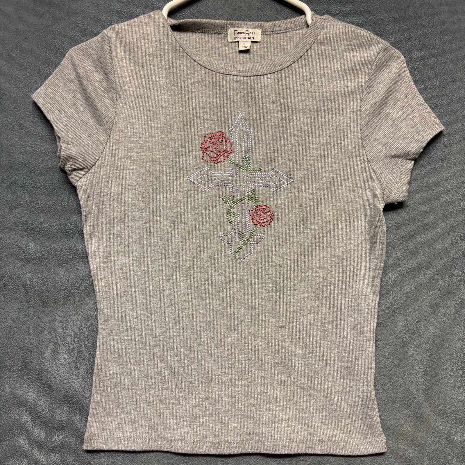 Other Faded Rose Essentials Ribbed Rhinestone Cross Tee Gray Large Size L / US 10 / IT 46 - 1 Thumbnail