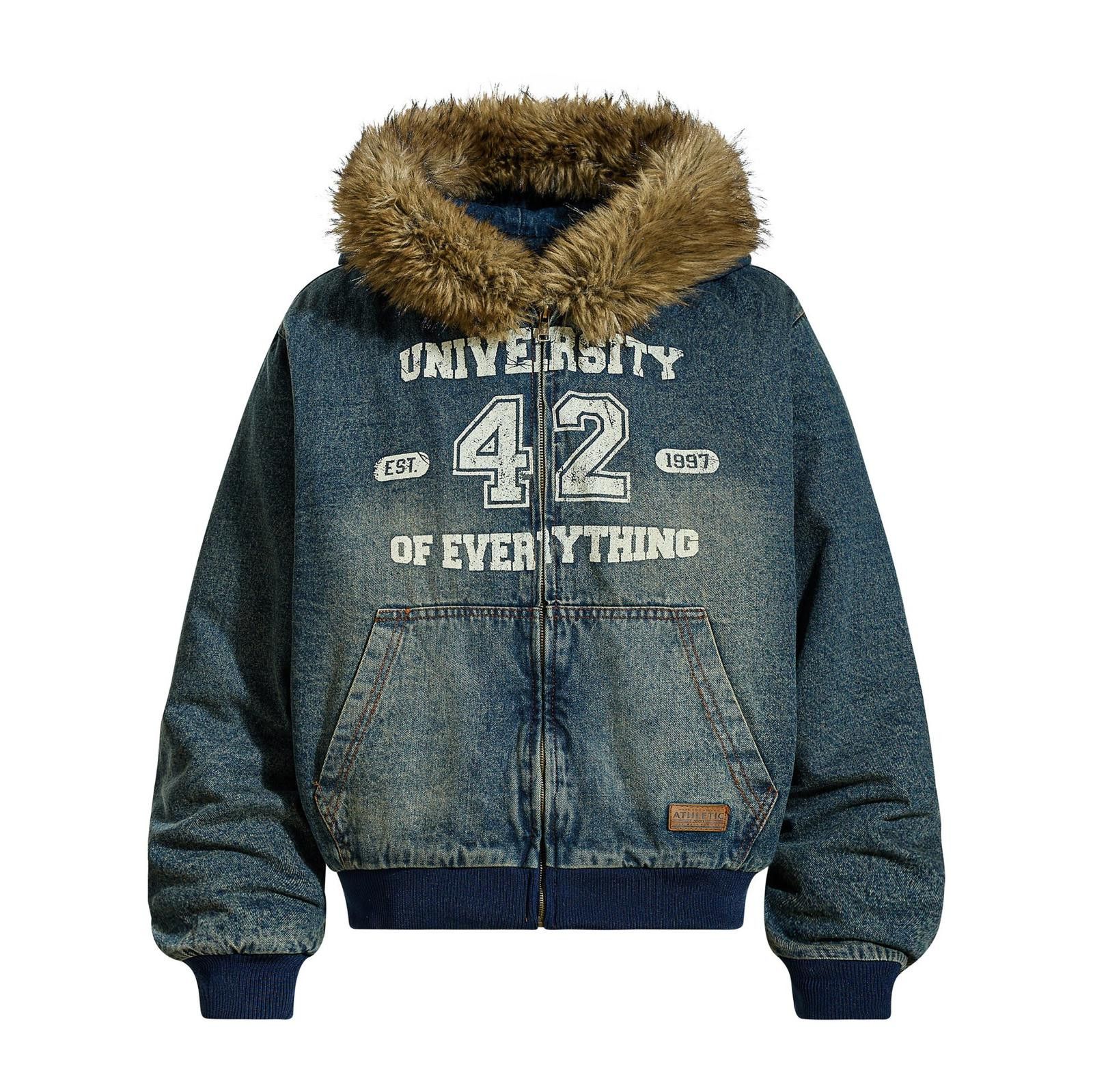 Japanese Brand Blue Faux Fur Hooded Denim Jacket, Casual Warm Outerwear Size US M / EU 48-50 / 2 - 1 Thumbnail
