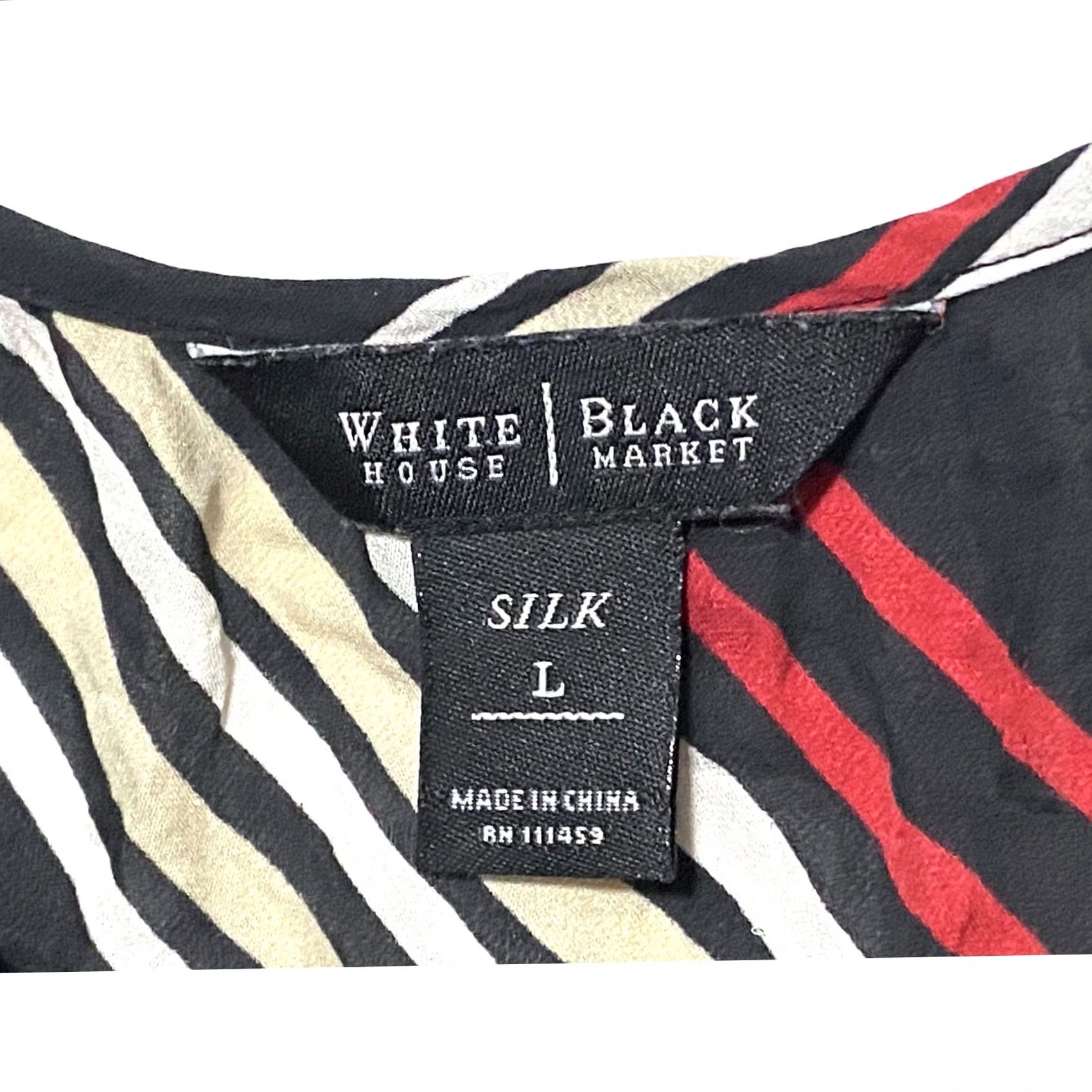 White House Black Market WHBM Silk Blouse Top L Silk Pullover Whimsigoth Peasant Black Red Geometric Ruffle Hem Career Workwear Formal Women L Size L / US 10 / IT 46 - 5 Thumbnail